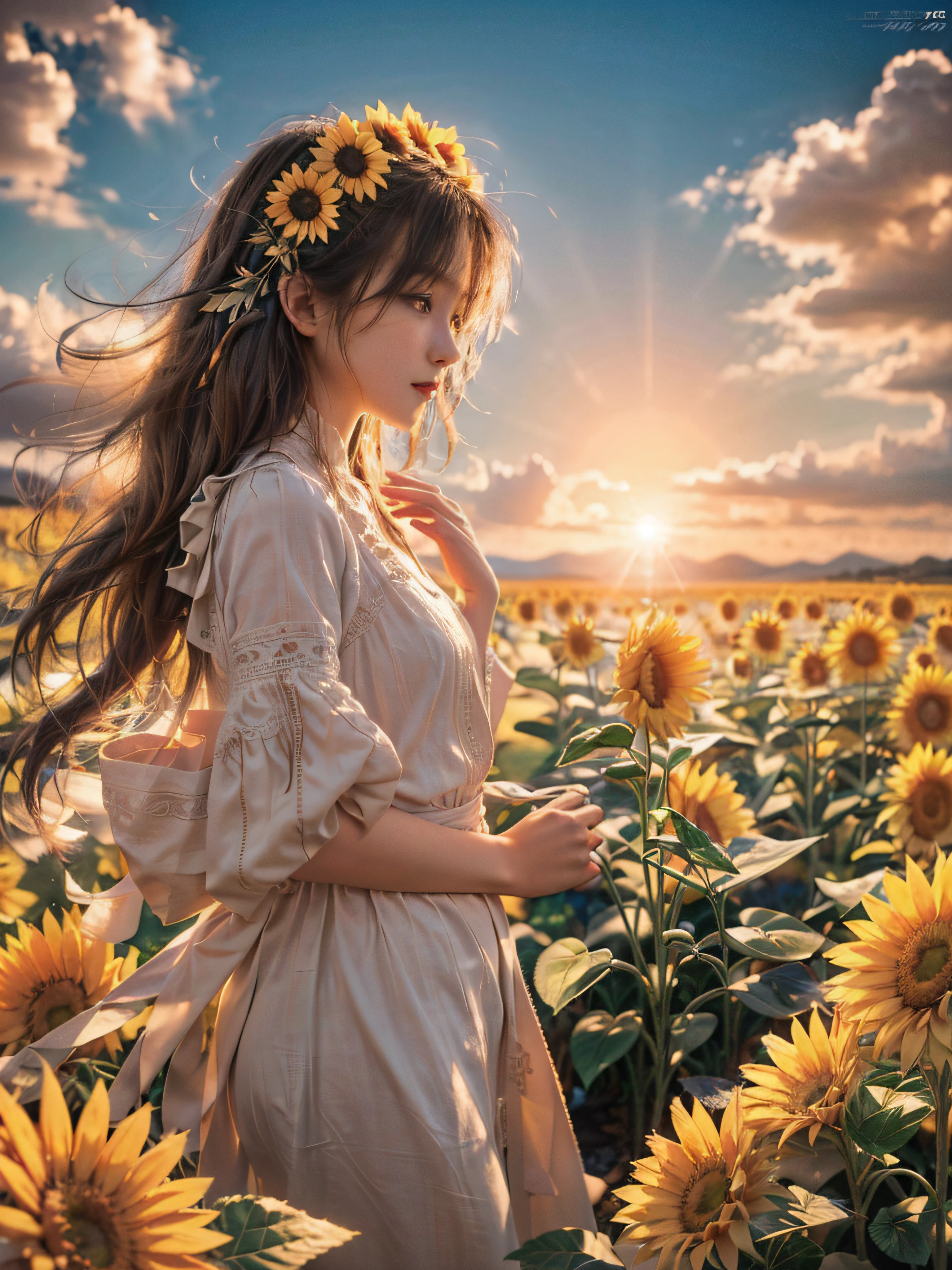 from side view、Girl in a vast sunflower plantation in a white dress、looks cheerful and happy、At sunset、Golden sunlight shining on hair floating in the wind。(masterpiece、realisitic、top-quality):1.4、Delicate Photos、intricate detailes、Ray traching、High Resolution CG、The ultra-detailliert、8k wallpaper、Unity、art stations、Digital SLR、highres photograph、Best Shadow、ciinematic light