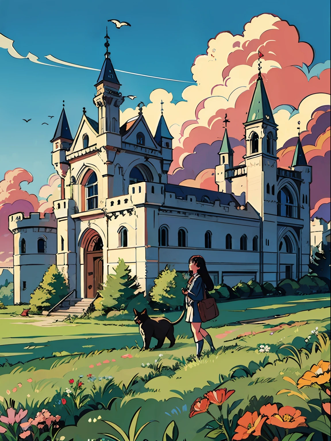 sword and cat, meadow and castle, pop art,