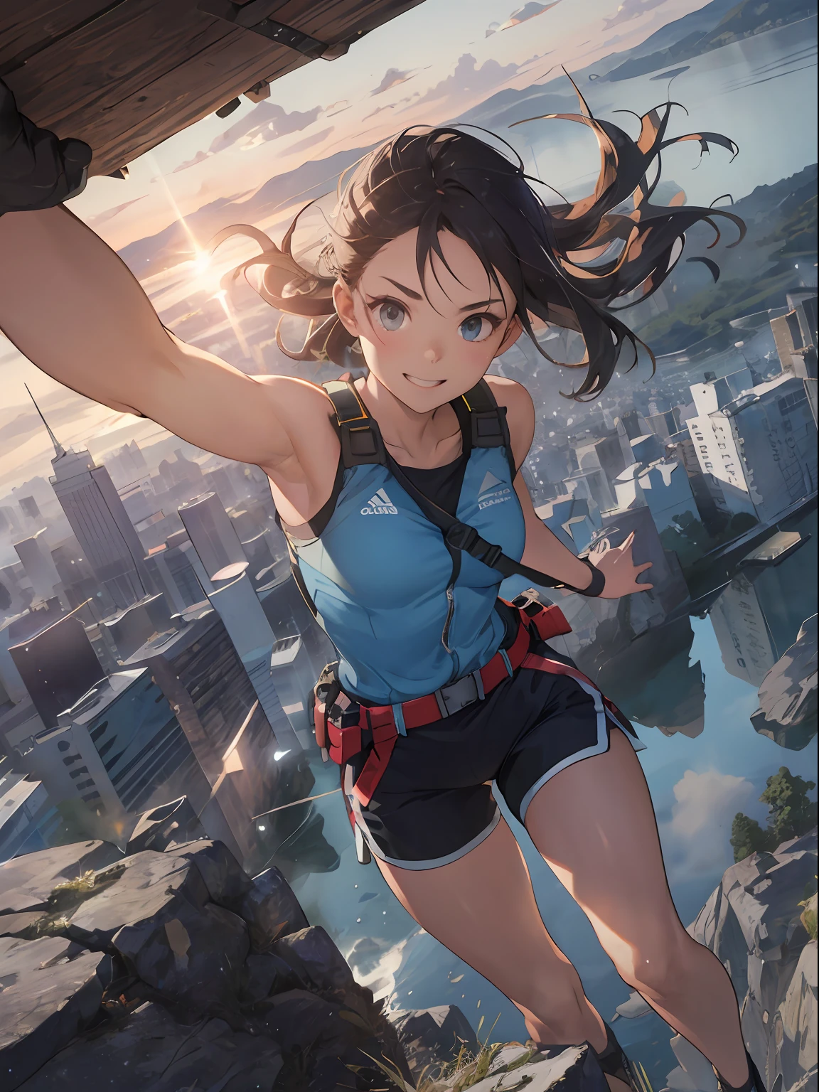 hoang lap、k hd、Hyper-realistic、Hyper-detailing、（full bodyesbian：1.5）、（Climbing girl：1.3）、（closeup of face：1.2）、（waving and smiling：0.6）、（Outdoor sun exposure：1.1 )、(safety belt:1.0)、(Climbing chalk:0.8)、(Rock texture:0.9)、(grip strength:1.0)、(Focus on your eyes:1.1)、(Hiking vest、Hiking shorts:0.7)、(Challenge emojis:0.9),(Perseverance and determination:1.2),(Height viewing angle:0.8),(Suspension rope:0.7),(Fearless attitude:1.0),(Vertigo height:1.3),(Distant horizon:0.9),(Aerial view of the landscape:1.0),(Hanging carabiners:0.6),(Hair fluttering in the wind:0.7),Perfect lighting,beautiful light up,(dynamic angle:1.2),Looking_at_peeping at the viewer,