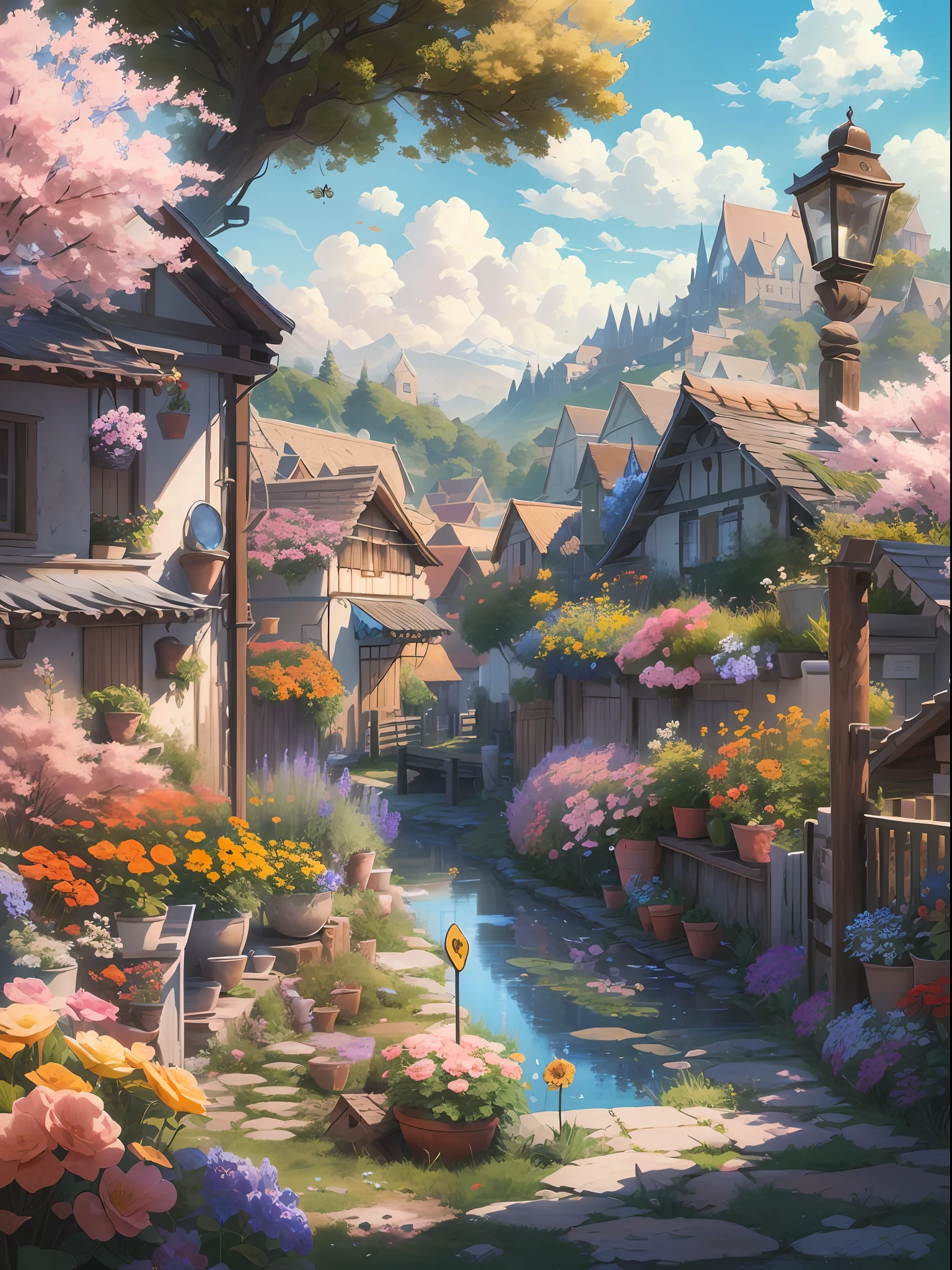 Masterpiece, best quality, (very detailed CG unity 8k wallpaper) (best quality), (best illustration), anime, village, flowers, blue sky, --v6