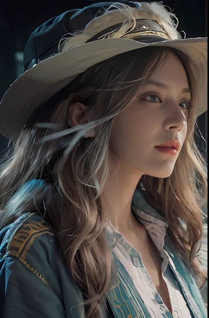 Hyperrealist portrait of female by david hockney and alphonse mucha,fantasy art, photo realistic, dynamic lighting, artstation, poster, volumetric lighting, very detailed faces, 4 k, award winning,, 1girl, in the dark, deep shadow, low key,cowboy shot,(official clothing:1.4) ,long hair,white hair,