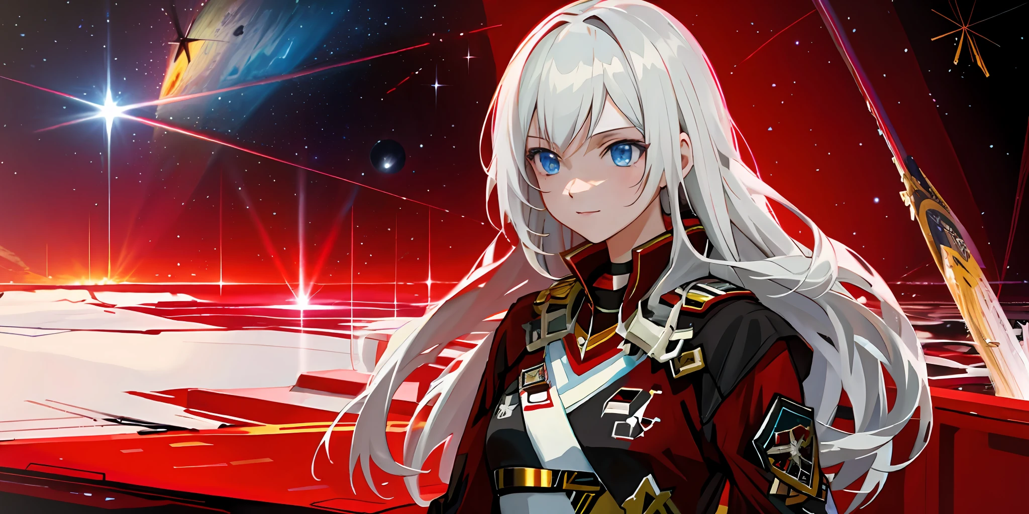 Girl standing on a space command ship，A slight smil，Space in the distance is still fighting，A nearby exploding star gradually collapsed into a black hole。Maiden Governor，White-haired girl，long whitr hair，portrait of teenage girl，Dressed in the clothes of an imperial general, Black and gold stripes do not have red and yellow bands，Starship battlefield，Anime wallpaper 4K，anime wallpaper 8 K，Starskrim，realistic space，Simple，sci-fy，photorealestic