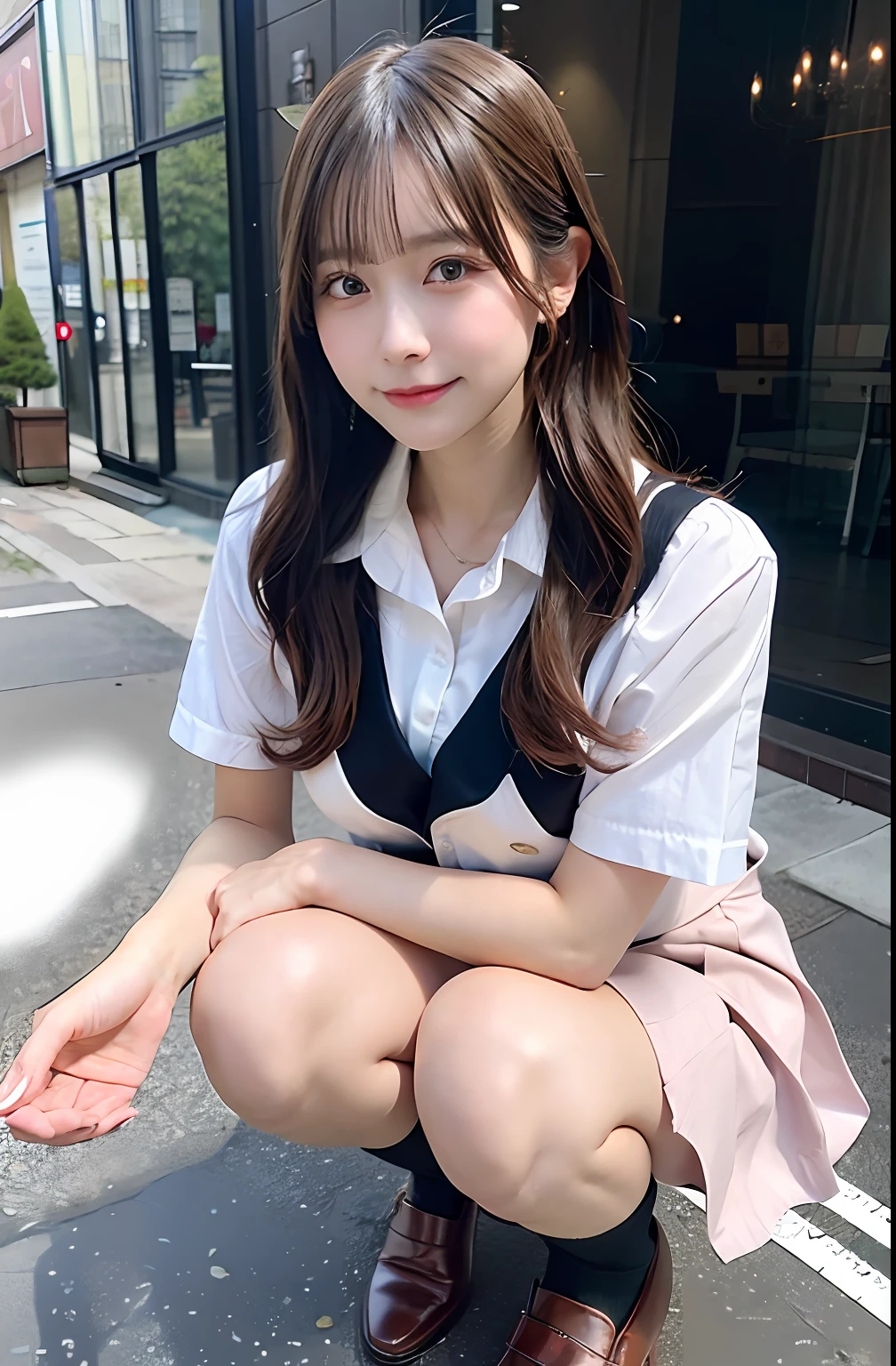 Move the center of gravity back、Put your hands forward from your feet、Put your feet in a ring of hands、pretty embarrassing、pink bra、pink panty、Thin leg、tight skirts、90 degree knees、heels on the ground、hands in front of feet、Hugging legs、Knelt、walkway、RAW Photography、8K、top-quality、 超A high resolution、Beautiful face in every detail、Realistic human skin、Gentle expression、front-facing view、angle from bellow、length hair、realisitic、Photorealsitic、cute little、Squatting deep in the city、cute school girl、surreal high school girl、full bodyesbian。Cosplay。White shirt with sheer underwear。Check skirt。Lap above。Because I'm squatting、Pants are visible。Navy blue high socks。Brown loafers。