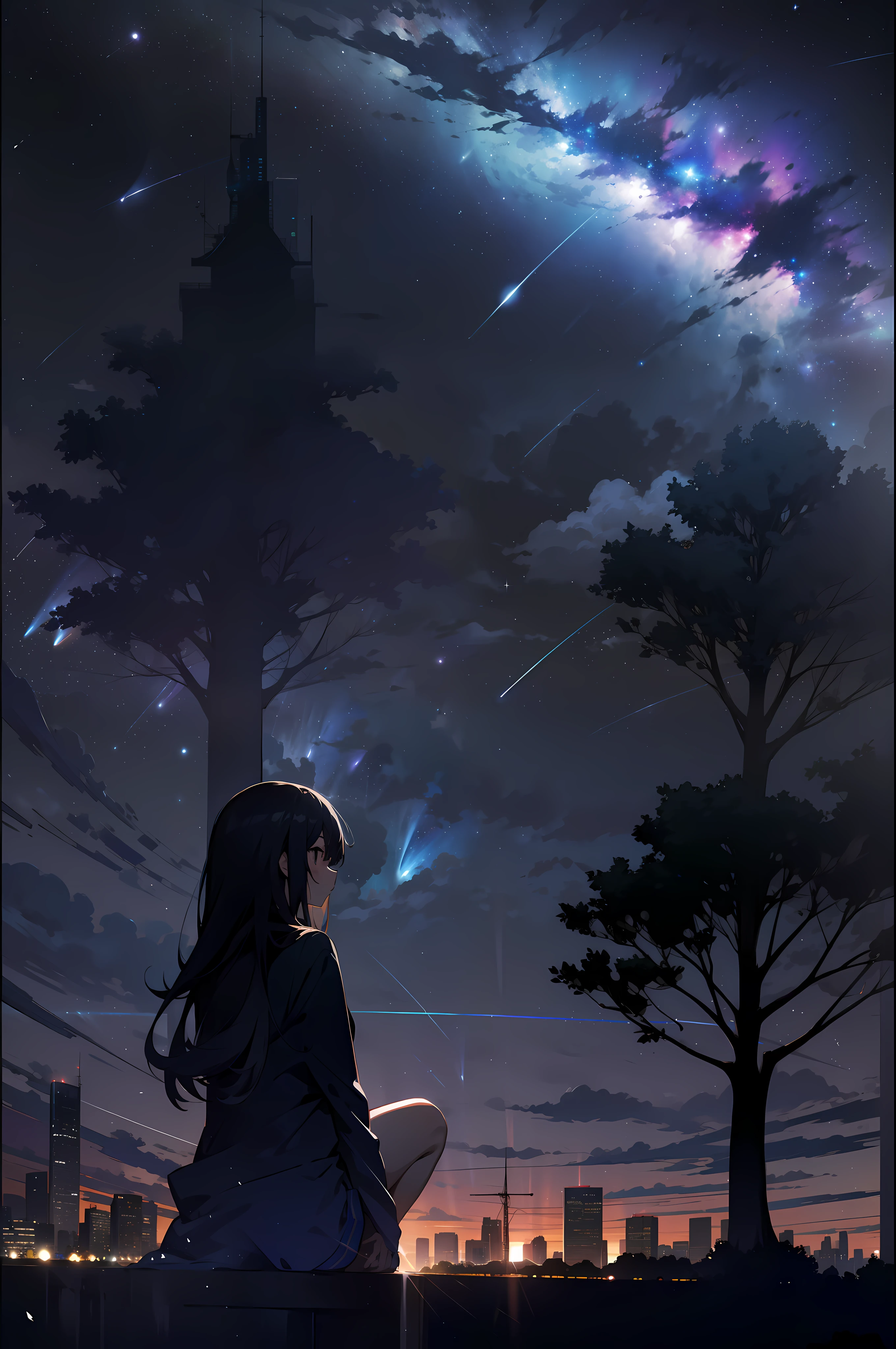 sky, star (sky), scenery, starry sky, night, 1girl, night sky, solo, outdoors, building, cloud, milky way, sitting, tree, long hair, city, silhouette, cityscape