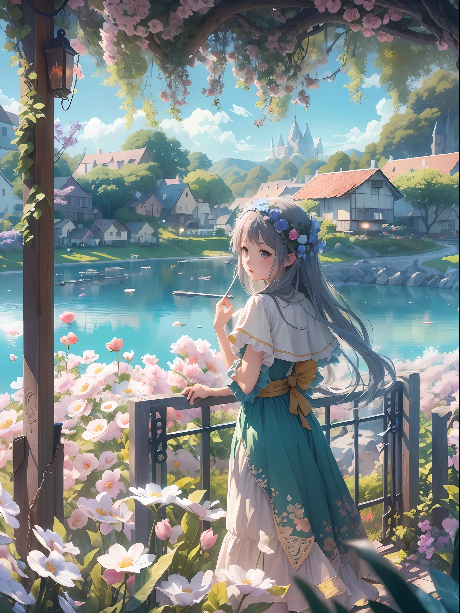 Masterpiece, best quality, (very detailed CG unity 8k wallpaper) (best quality), (best illustration), anime, village, flowers, blue sky, --v6