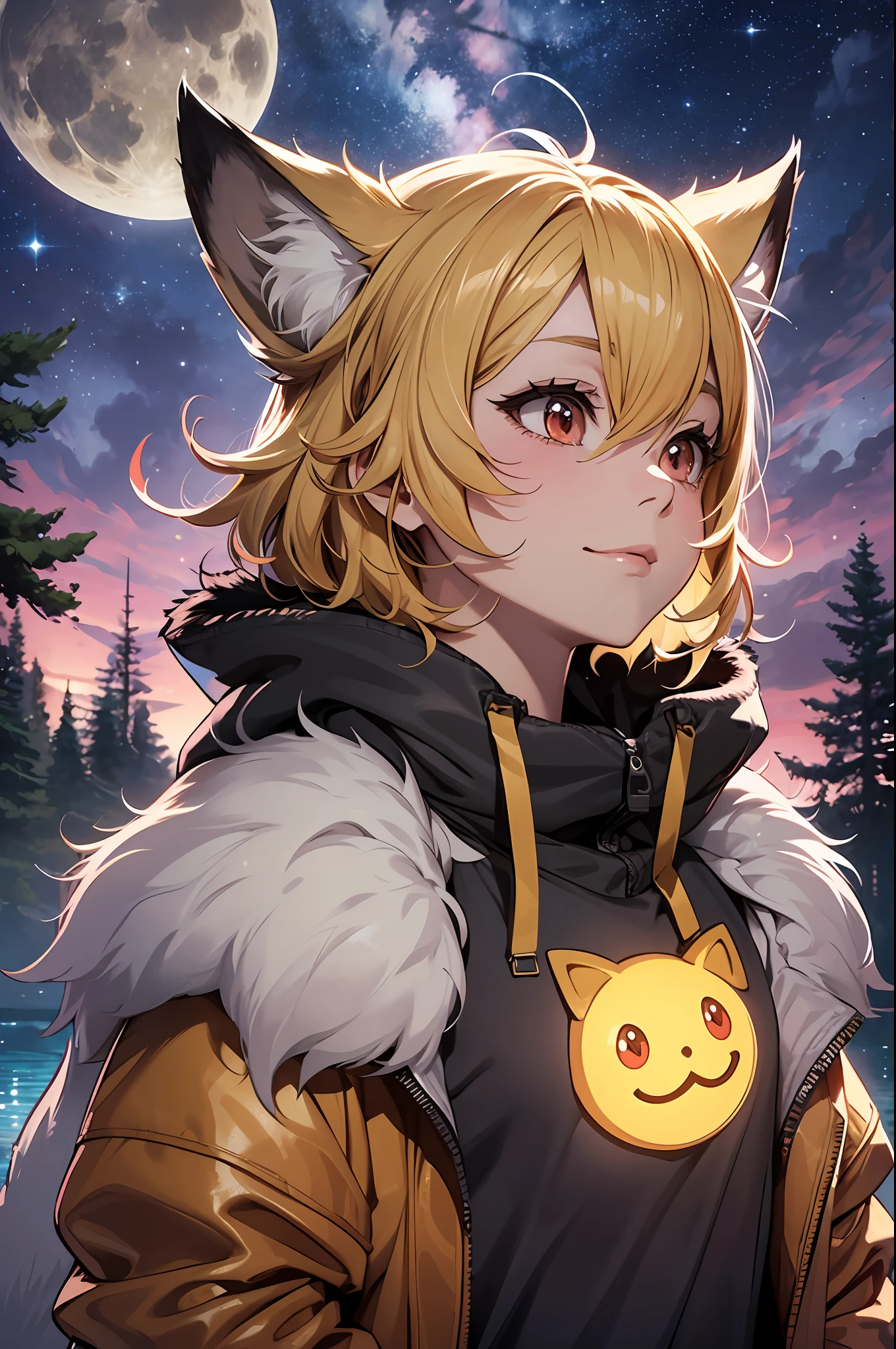 ultra-realistic realism,character sheets,Shota the fox,hairy pubic,shaggy,Skin fur,Golden fur,Golden yellow face fur,Short straight blonde hair,Eyes have light,Red eyes,Brown elements on fur,Brown coat brown hood up,White top,brown shorts,Beautiful lights and shadows,Ambient light,Ultra-fine fur,volumettic light,natural lightting,fox tails,Fluffy tail,No Man, Glowing tree,Lake, dark scenery, rain,Night,starrysky,Vast landscape,crossed bangs, Hairline, Shiny hair, lone nape hair, ,The smiley face has a faint blush, smiley,Sleepy,(Oversized Full Moon:1.2),(meteors:0.9),(Starcloud:1.3)(Warm light source:1.2),aurora,nevando,snowfield, Extra-long sleeves, Purple and orange,Complicated details,Volumetriclighting,Realist breakthrough(tmasterpiece:1.2)(best qualtiy),4K,Ultra-delicate,(Dynamic configuration:1.4),Highly detailed and colorful details,(Irridescent color :1.2),(luminouslighting,Atmospheric lighting),dream magical,magic,独奏,Glowing light,Light blush, ,Single