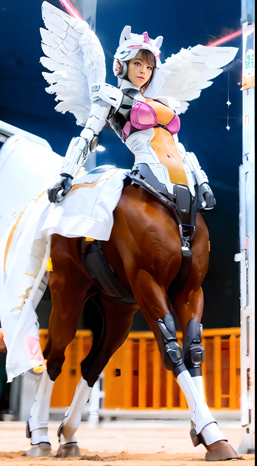 A female centaur,She is famous in the multiverse,She is both a female centaur, half human, half horse, half horse,It is also a female Yingzhao。She blends both images,The first is the head of a horse/neck/Shoulder these parts,After feminization,The upper body transforms into a beautiful female human,Female, half-centaur, half-human, half-horse, half-human,The second is the waist of the horse/hason/gluteal/Legs feminine,Female half-horse with beautiful woman's,Chimer,It's like a female human wearing a half-horse-like costume and making a seamless chimera,This chimerization is based on powerful futuristic technology。The ultra-wide-angle lens captures the image of her sleek and ethereal wings charging and leaping on the ionosphere。Her front half is distinctly feminine,Tall sexy body,Has K cup teardrop-shaped giant tit chest,It has a small man's waist butterfly spanning long legs,The half-horse part of the hind body,Embedded interface in the front half of the body hip position。The horse-shaped, half-horse torso form of her back body is completely female and humanized。A sexy bent dog-style shaped ribcage embedded in the lower back position of the beautiful woman's body from the upper end of the sternum/lower back/Ventral transverse。Then there are the sexy beauty's upright hips,Her entire body has been completely feminized,Including the half-horse part。Mechanized armor covers the legs with knee-shaped anti-joints and feet,And these parts are highly anthropomorphic,This makes her legs graceful and slender,Her four horse legs exploded in length proportions and was slender and toned,Under the legs are skinny white feet dressed in Skyscraper Heels,Use Midjourney's advanced stroke tools and color palettes, as well as texture packs, model packs, and texture tools,Concentration,Femaleize all parts of her original equine physiologic appearance,And give these parts an ergonomic appearance,Fine treatment of the thoracic and abdominal cavity of the posterior body,As well as hips and