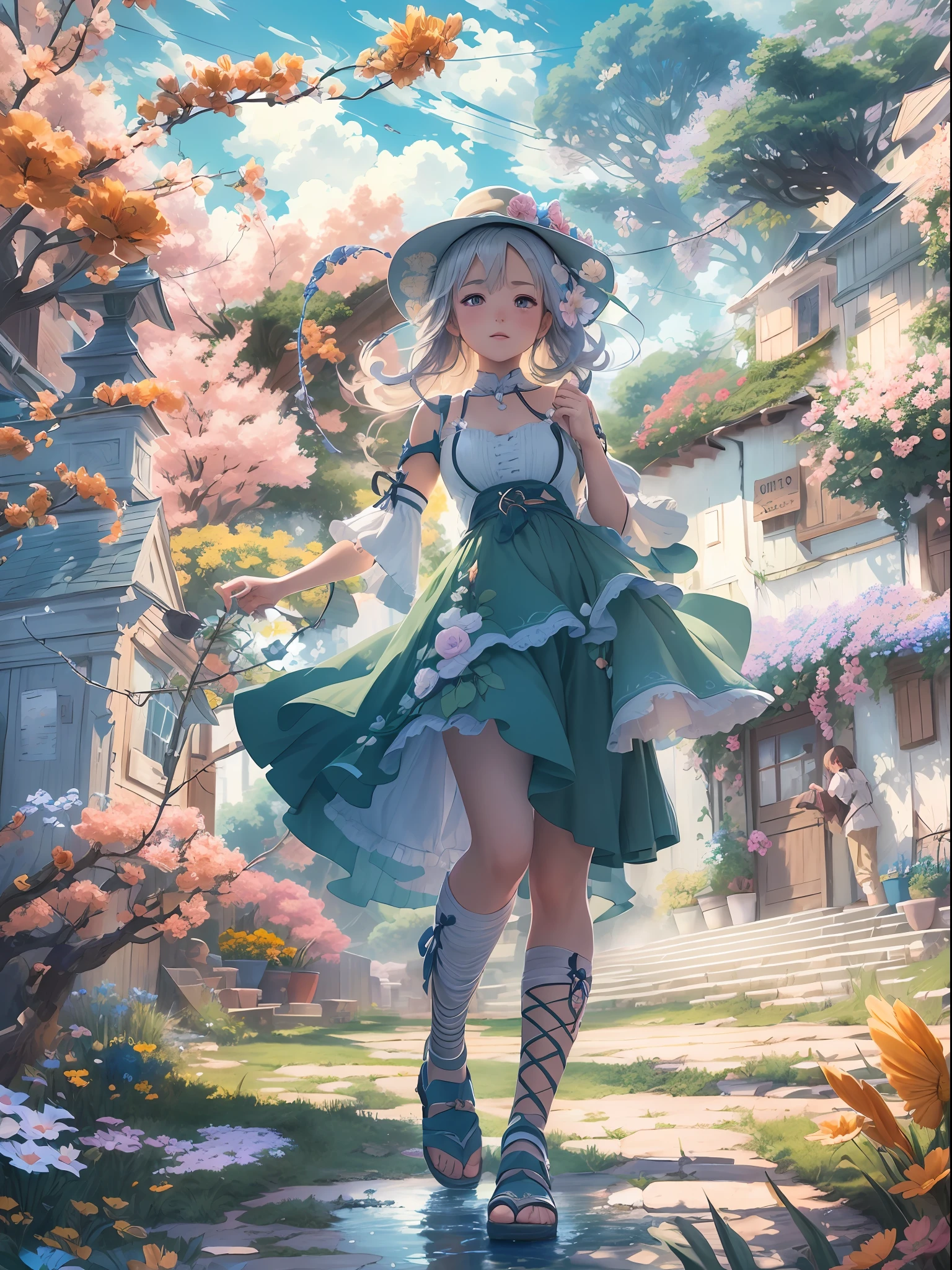 Masterpiece, best quality, (very detailed CG unity 8k wallpaper) (best quality), (best illustration), anime, village, flowers, blue sky, --v6