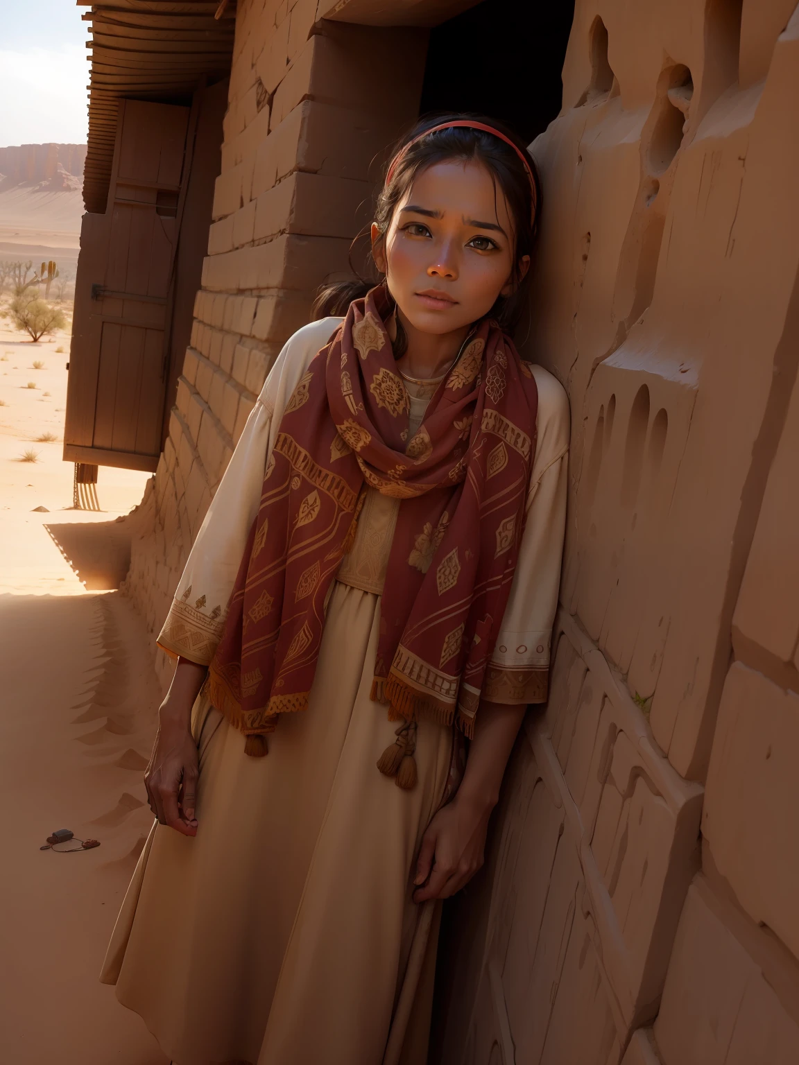 In desert , mud house,  tree