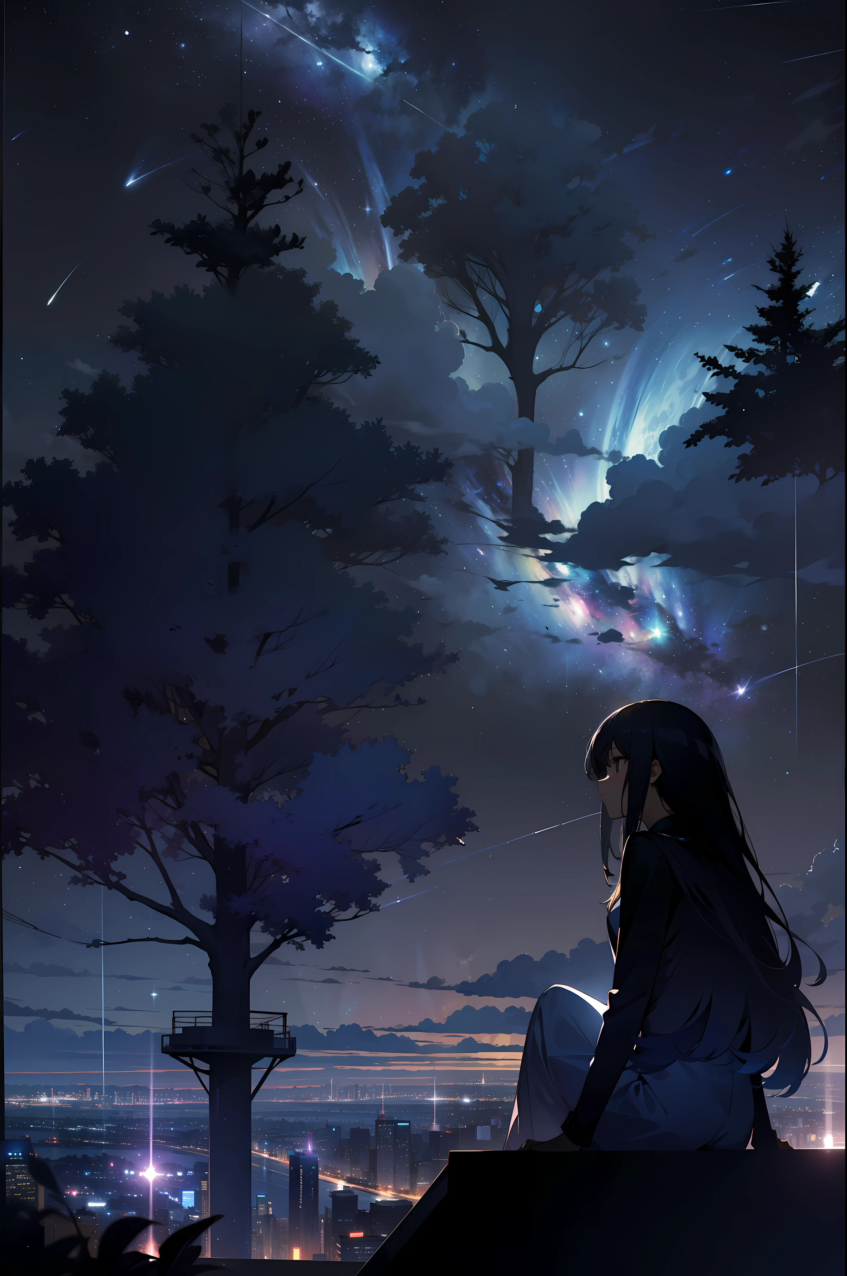 sky, star (sky), scenery, starry sky, night, 1girl, night sky, solo, outdoors, building, cloud, milky way, sitting, tree, long hair, city, silhouette, cityscape