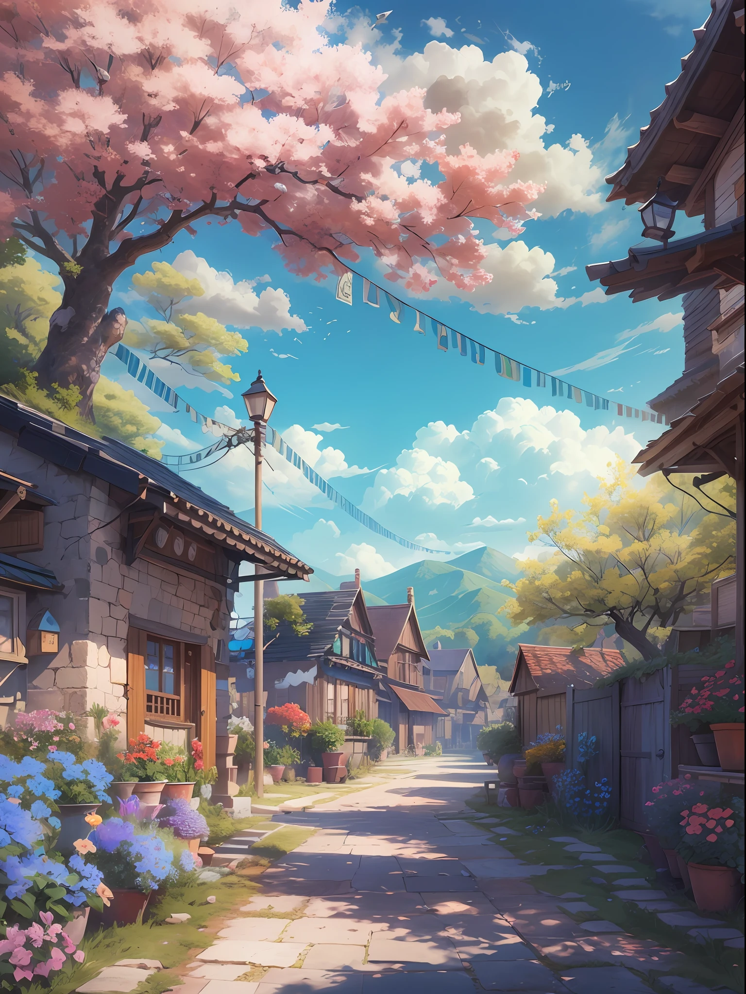 Masterpiece, best quality, (very detailed CG unity 8k wallpaper) (best quality), (best illustration), anime, village, flowers, blue sky, --v6