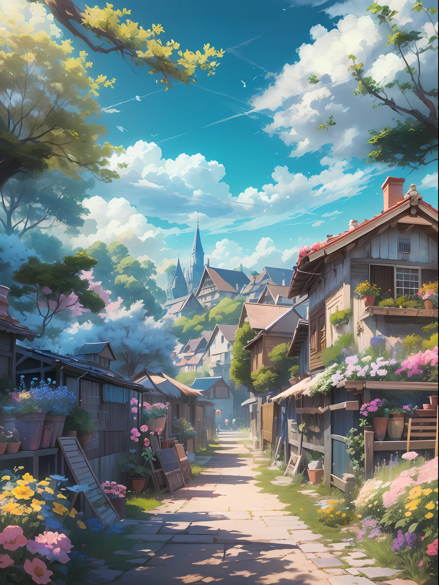 Masterpiece, best quality, (very detailed CG unity 8k wallpaper) (best quality), (best illustration), anime, village, flowers, blue sky, --v6