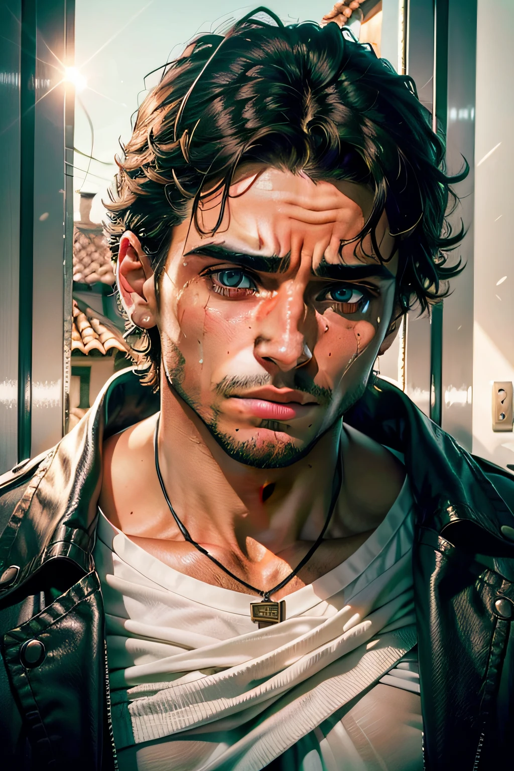 jovem homem com raiva e zangado, com rugas franzindo a testa, with a tear running down her cheek, olhos lacrimejando, Realistic photo