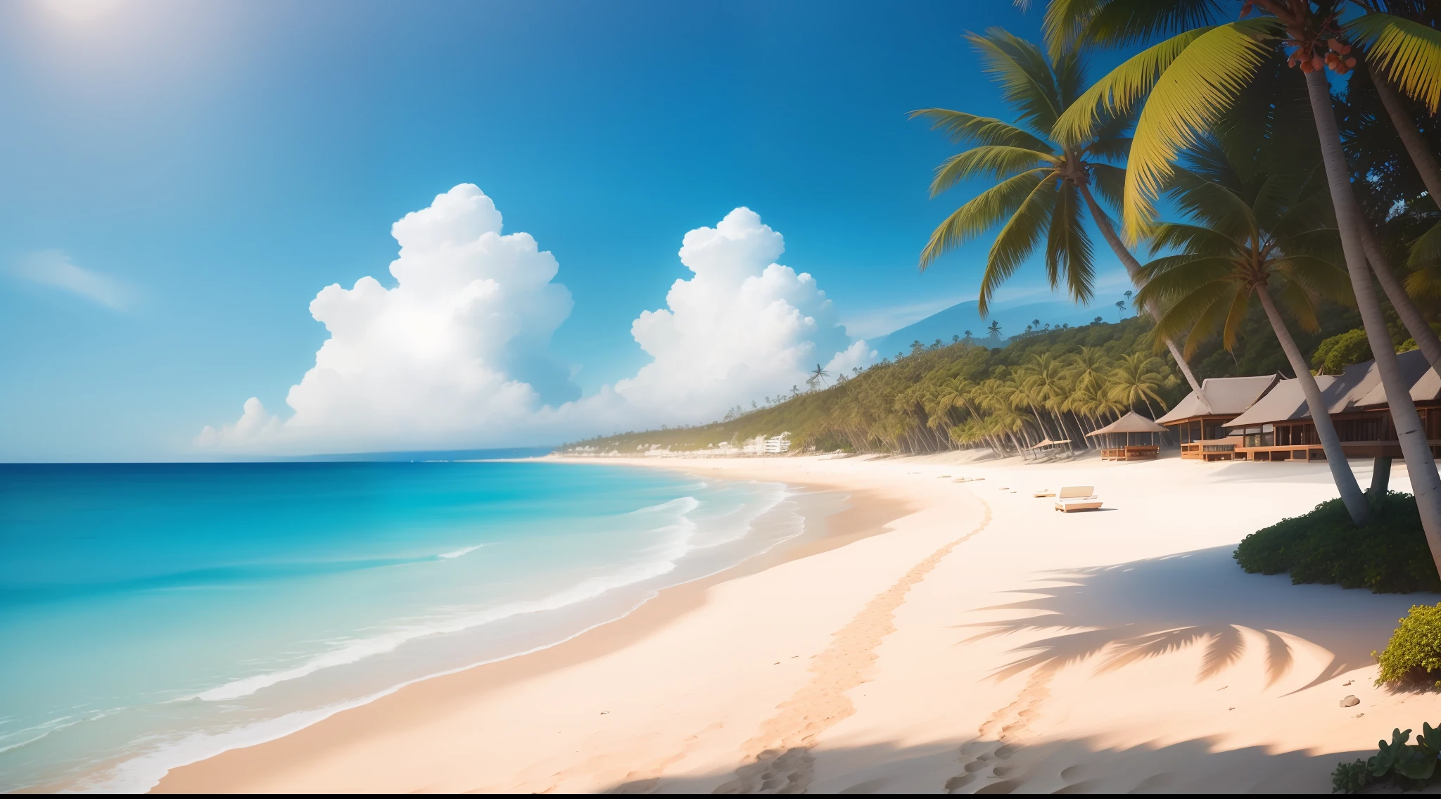 A view of standing on the beach's edge and staring at the horizon, cloudless blue sky, Bali, clear sea water, white sand beach, beautiful coconut fruit, yacht in the distance, detail, realistic, ultra realistic, 8k uhd, DSLR, soft lighting, high quality, film grain, Fujifilm XT3, (Masterpiece) <la:add_detail:1