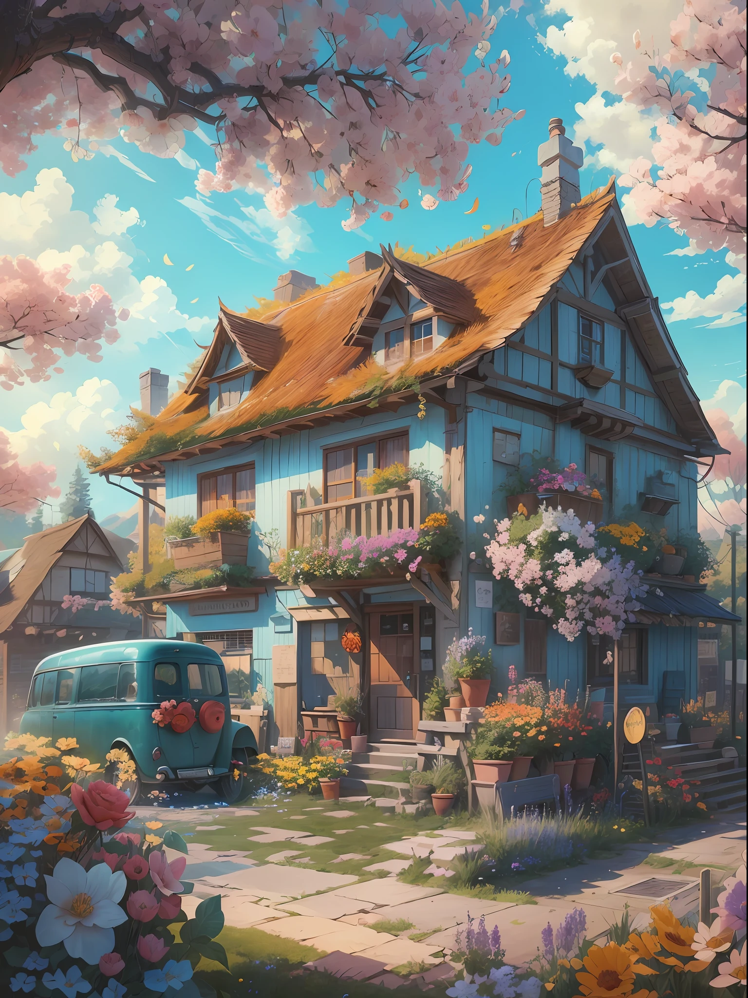 Masterpiece, best quality, (very detailed CG unity 8k wallpaper) (best quality), (best illustration), anime, village, flowers, blue sky, --v6