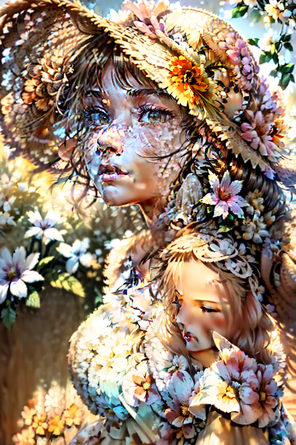 (extreme close up:1.5), (face focus:2),(Style of ???? ???:1.5),
((side face:2)),(1girl surrounded by soft_light:1.5), (backlighting:1.8), (lighting),(flowing fabric:1.3), ((Floral_summer_dress:1.5),(Straw_hat:1.3)),
(masterpiece), realistic, HDR, highly detailed, 8k, raw photo,
ambient occlusion, natural, harmonious composition, warm tones, fine art photography,