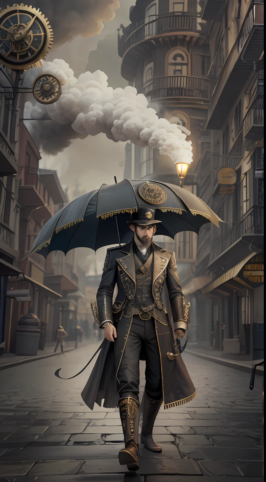 illustration: 1.3), 3D rendering steampunk um homem de barba preta, estilo londrino moda antiga, with steampunk style hat,correndo na chuva, fugindo de um monstro de metal, parecido com um portal cheio de luz do futuro, cena estilo steampunk, engrenagens ferro retorcido, bondinho antigo Realismo, filmes, CG, filme steampunk, trem antigo, smoke billowing, vapor, relogio, guardachuva, carroagem, cavalo