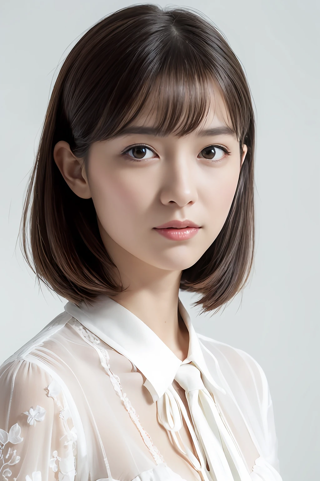 dressed, (photorealistic: 1.4), (hyperrealistic: 1.4), (realistic: 1.3), (smooth lighting: 1.05), (cinematic lighting quality improvement: 0.9), 32K, 1 girl, Japan woman, realistic lighting, backlit, face lights, ray tracking, (bright light: 1.2), (quality improvement: 1.4), ( Top quality realistic textured skin: 1.4), fine detailed eyes, detailed face, fine quality eyes, brown eyes, (tired, sleepy and satisfied: 0.0), blue floral white silk blouse with ruffles and lace, thin string ribbon tie, dark brown hair, short cropped bangs hanging on the forehead, small flower headband, one adult woman with a faint smile, (white background)