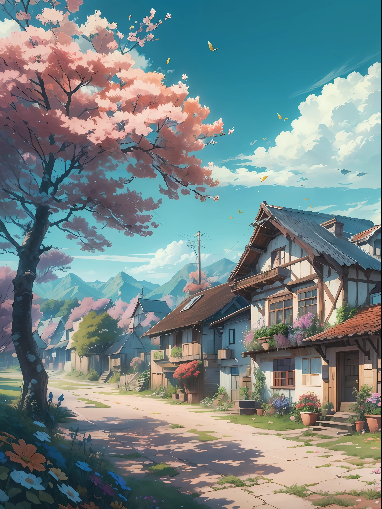 Masterpiece, best quality, (very detailed CG unity 8k wallpaper) (best quality), (best illustration), anime, village, flowers, blue sky, --v6