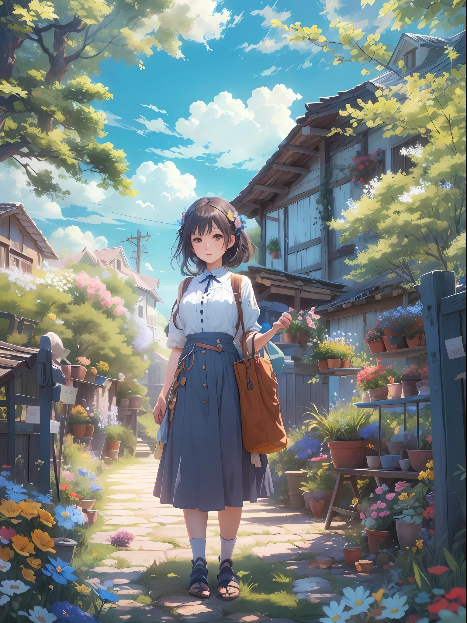 Masterpiece, best quality, (very detailed CG unity 8k wallpaper) (best quality), (best illustration), anime, village, flowers, blue sky, --v6