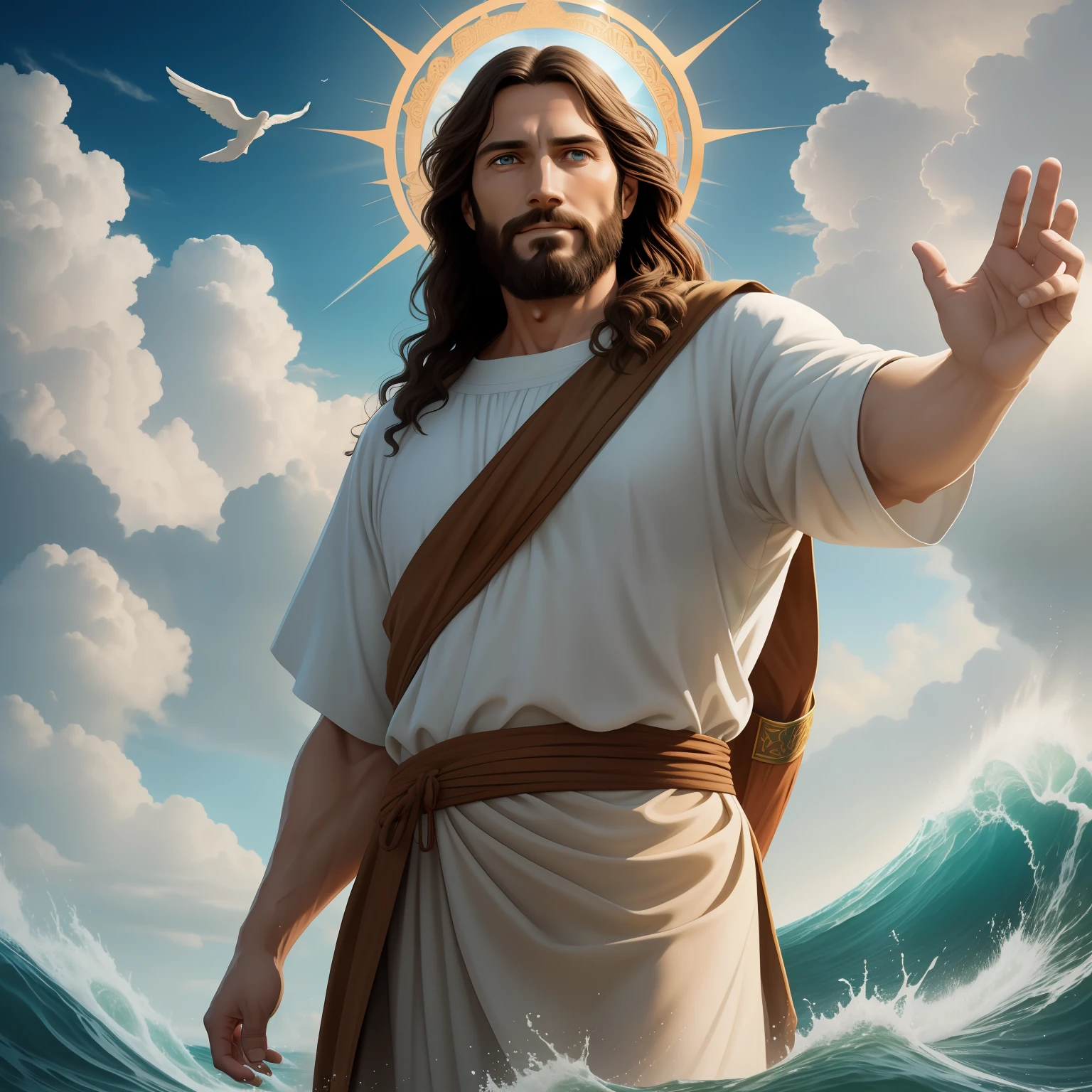 A beautiful ultra-thin realistic portrait of Jesus, the prophet, a man 35 years old Hebrew brunette, short brown hair, real perfect eyes, long brown beard, with, Helping People , wearing long linen tunic closed on the chest part, in front view, full body, biblical, realistic,by Diego Velázquez,Peter Paul Rubens,Rembrandt,Alex Ross,8k, Concept Art, PhotoRealistic, Realistic,  Illustration, Oil Painting, Surrealism, HyperRealistic, helping people , Digital art, style, watercolorReal Jesus flying on sky with a flying cloud in the background, Jesus walking on water, biblical illustration, epic biblical representation, forcing him to flee, coming out of the ocean, ! holding in hand!, disembarking, god of the ocean, beautiful representation, 8k 3D Model, realistic,
a 3D Realistic of jesus with a halo in the sky, jesus christ, smiling in heaven, portrait of jesus christ, jesus face, 35 young almighty god, portrait of a heavenly god, greg olsen, gigachad jesus, jesus of nazareth, jesus, the face of god, god looking at me, he is greeting you warmly, he is happy, avatar image