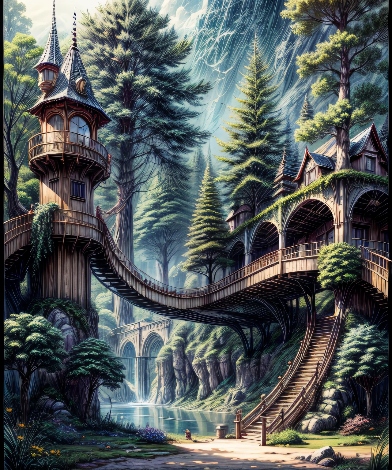 Aldea construida sobre arboles de gran altura, A marvel of simplicity and engineering, Houses and roads are suspension bridges from tree to tree. fantasy, magia, Solace, Dragonlance, Calabozos & Dragones. casas de madera, Fantasyart.