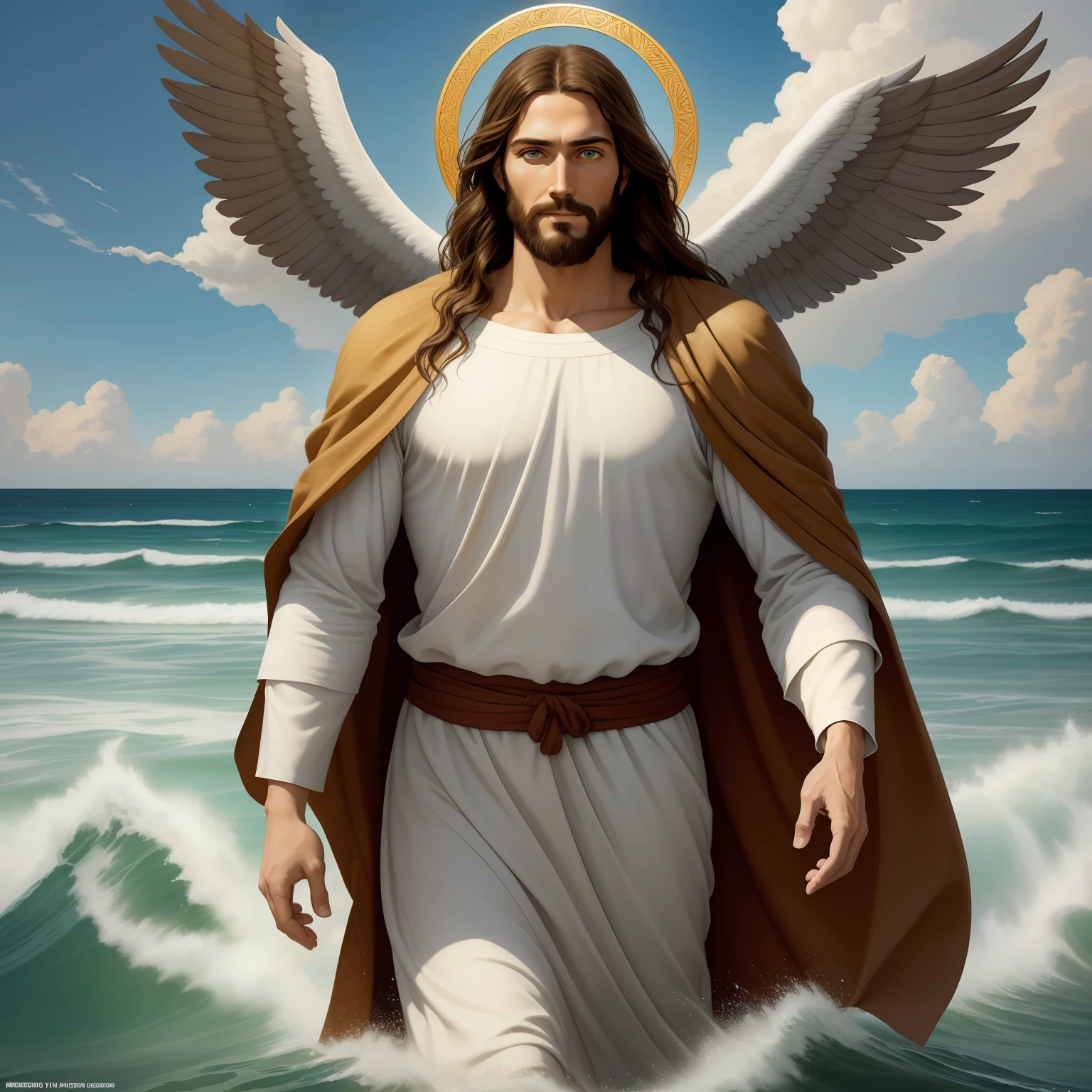 A beautiful ultra-thin realistic portrait of Jesus, the prophet, a man 35 years old Hebrew brunette, short brown hair, real perfect eyes, long brown beard, with, Helping People , wearing long linen tunic closed on the chest part, in front view, full body, biblical, realistic,by Diego Velázquez,Peter Paul Rubens,Rembrandt,Alex Ross,8k, Concept Art, PhotoRealistic, Realistic, Illustration, Oil Painting, Surrealism, HyperRealistic, helping people , Digital art, style, watercolorReal Jesus flying on sky with a flying cloud in the background, Jesus walking on water, biblical illustration, epic biblical representation, forcing him to flee, coming out of the ocean, ! holding in hand!, disembarking, god of the ocean, beautiful representation, 8k 3D Model, realistic,
a 3D Realistic of jesus with a halo in the sky, jesus christ, smiling in heaven, portrait of jesus christ, jesus face, 35 young almighty god, portrait of a heavenly god, greg olsen, gigachad jesus, jesus of nazareth, jesus, the face of god, god looking at me, he is greeting you warmly, he is happy, avatar image