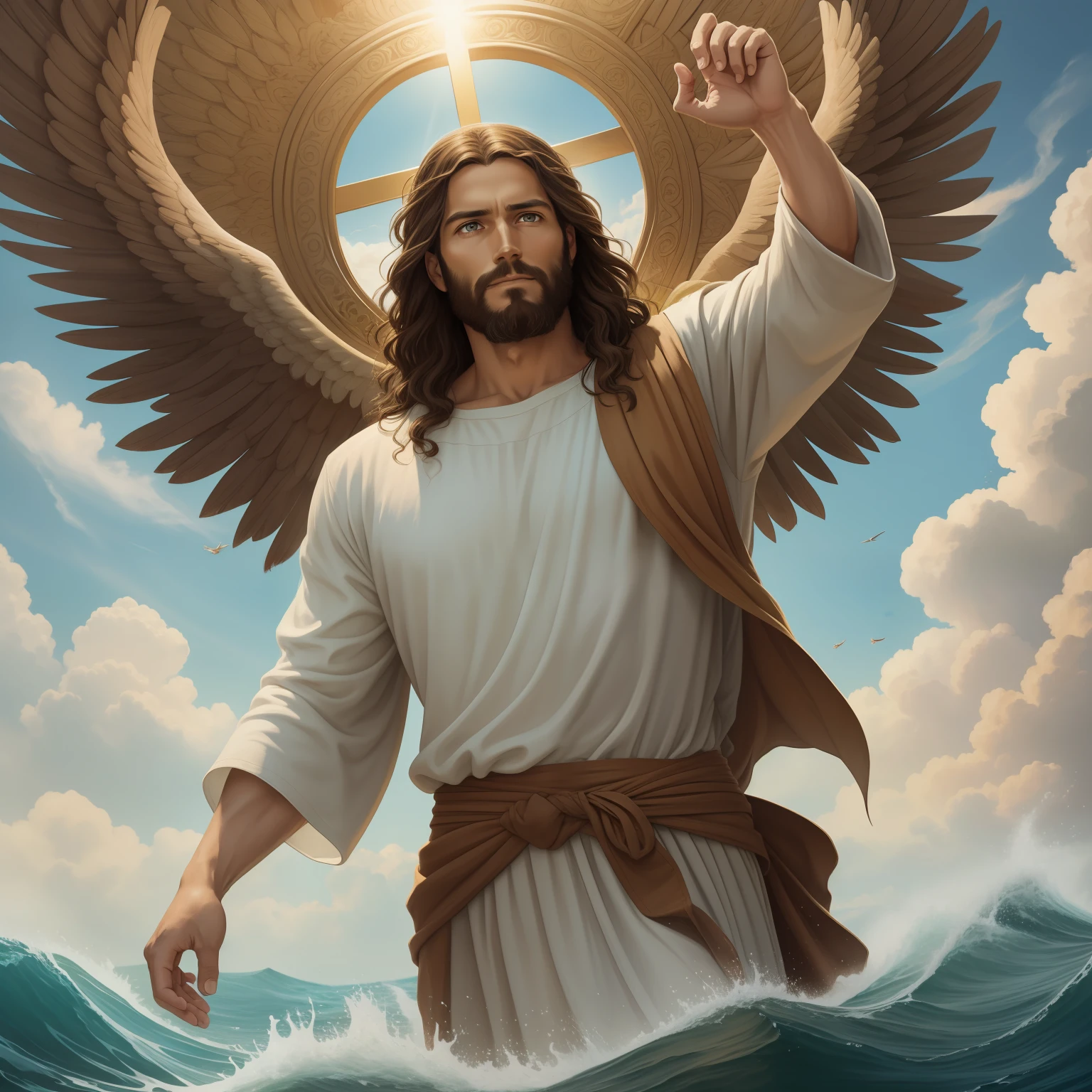 A beautiful ultra-thin realistic portrait of Jesus, the prophet, a man 35 years old Hebrew brunette, short brown hair, real perfect eyes, long brown beard, with, Helping People , wearing long linen tunic closed on the chest part, in front view, full body, biblical, realistic,by Diego Velázquez,Peter Paul Rubens,Rembrandt,Alex Ross,8k, Concept Art, PhotoRealistic, Realistic, Illustration, Oil Painting, Surrealism, HyperRealistic, helping people , Digital art, style, watercolorReal Jesus flying on sky with a flying cloud in the background, Jesus walking on water, biblical illustration, epic biblical representation, forcing him to flee, coming out of the ocean, ! holding in hand!, disembarking, god of the ocean, beautiful representation, 8k 3D Model, realistic,
a 3D Realistic of jesus with a halo in the sky, jesus christ, smiling in heaven, portrait of jesus christ, jesus face, 35 young almighty god, portrait of a heavenly god, greg olsen, gigachad jesus, jesus of nazareth, jesus, the face of god, god looking at me, he is greeting you warmly, he is happy, avatar image