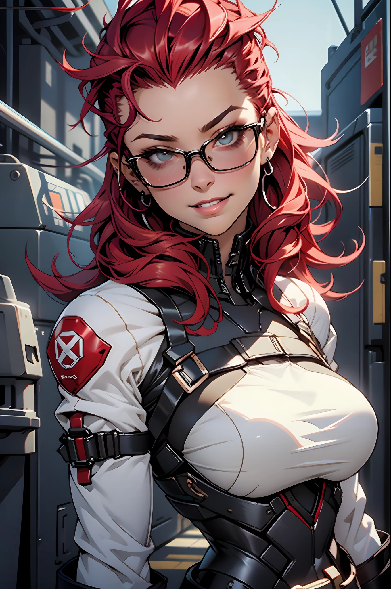 （（（tmasterpiece）））， （（（（best qualtiy））））， （（（absurderes））），，Sexy 35 year old adult female，Wearing robot armor，big cleavage breasts，sexyposture，White mohawk hair and red hair，Proportional body，full bodyesbian，big breasts beautiful，Naughty smile，Military installations
