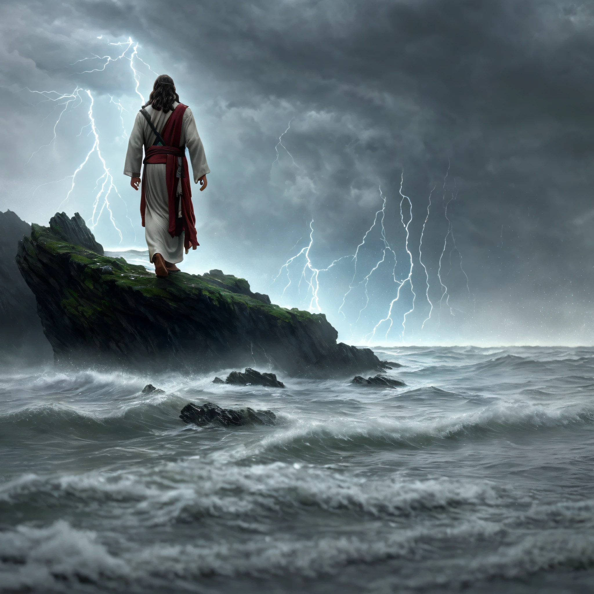 Ultra realistic photo,cinematic scene,jesus walking on water in the middle of a storm, masterpiece, best quality, high quality, 8k extremely detailed CG unit wallpaper, award-winning photography, Bokeh, Depth of Field, HDR, bloom, chromatic aberration, photorealistic, extremely detailed, trend in artstation, trend in CGsociety, intricate, high detail, dramatic, art in the middle of the journey,  Volumetric lighting