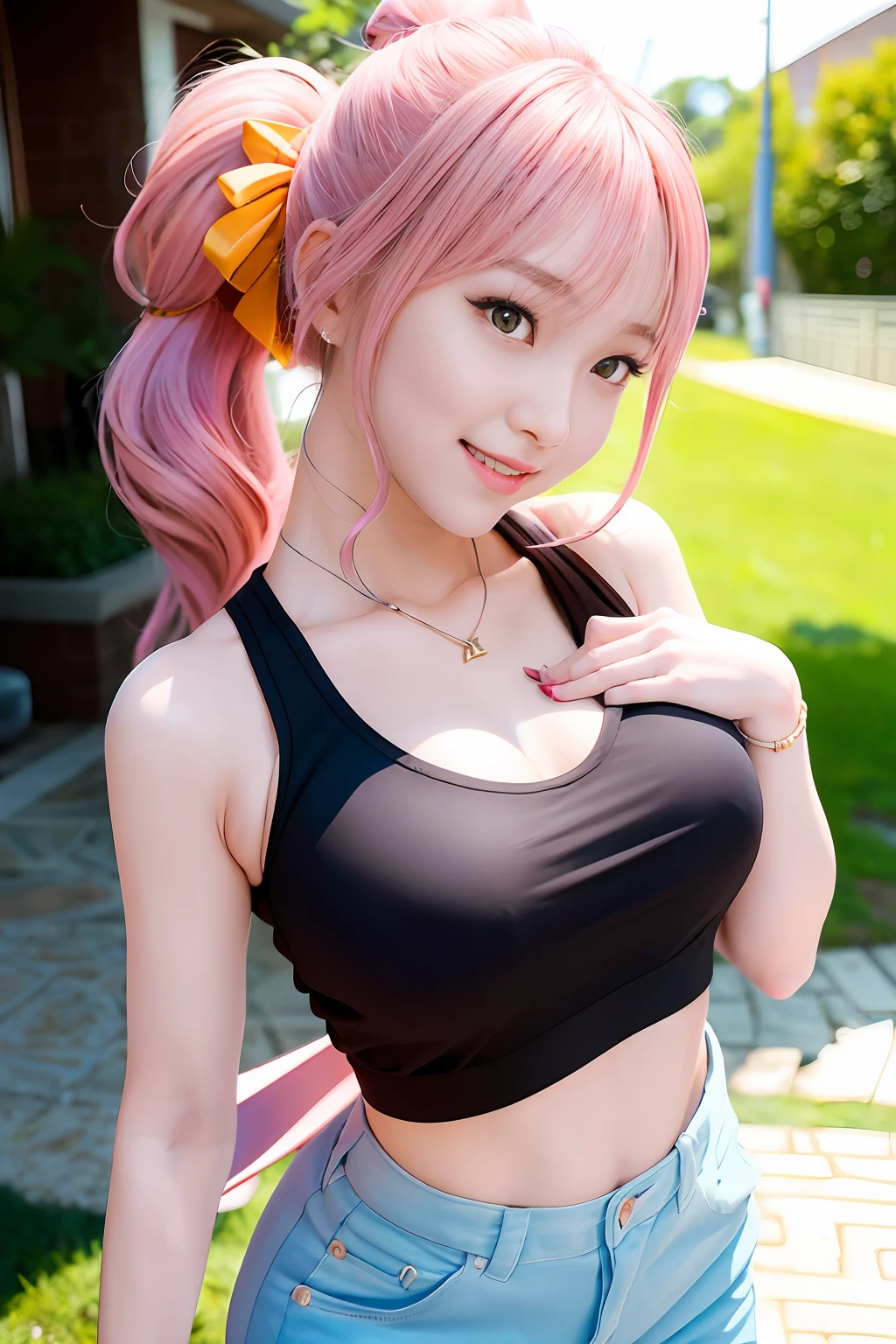 1girl, solo, look at viewer, (((smile:1.3, laugh:1.0))),(Kpop idol), (aegyo sal:1), professional lighting, photon mapping, radiosity, physically-based rendering, pureerosface_v1, pink T-shirt, {{floating hair}}, outdoors, detailed background, ((pink top, peach top)), long jeans, ((ponytail,exquisite hair tie,Delicate head ribbon)), upper body, bangs, hair accessories, city, night, high ponytail, armpits, thin, perfect skin,large breasts
