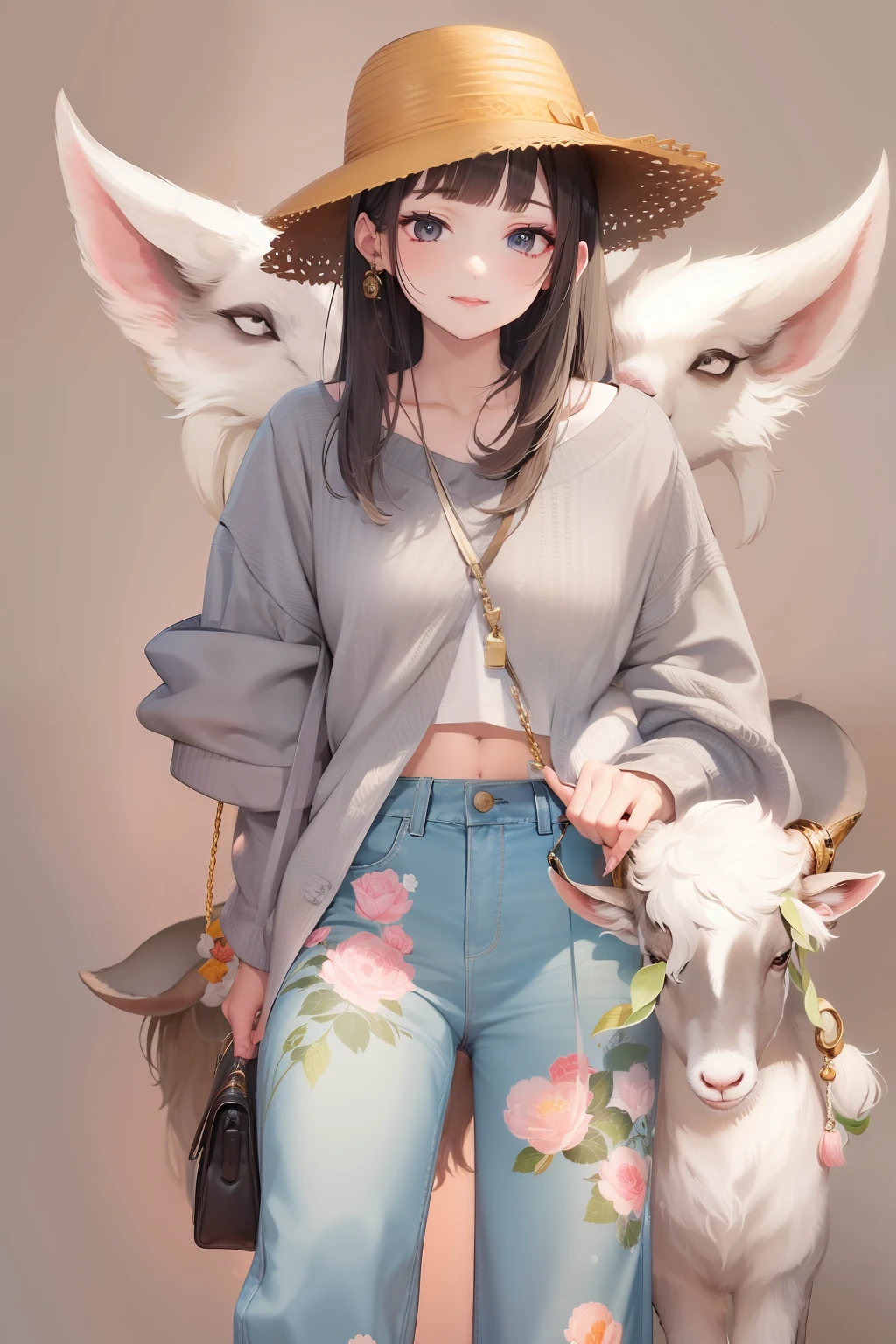 １woman、Hats、long trousers、Cute goat 1