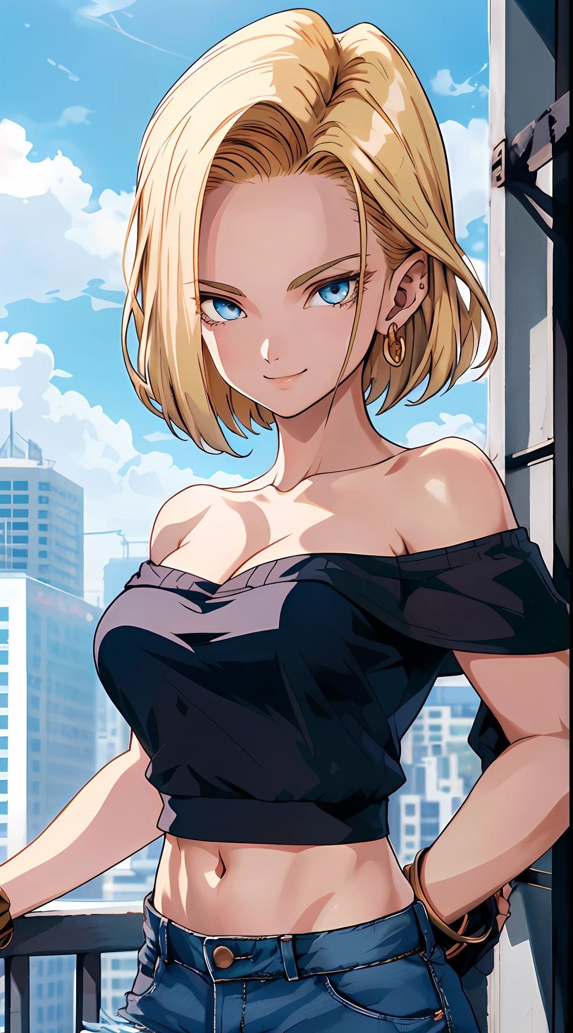 tmasterpiece， Best quality at best， ultra - detailed， absurderes， Portrait beautiful Android18DB， 独奏， 耳Nipple Ring， jewely， (Off-the-shoulder attire:1.5)，cleavage， upperbody closeup，ssmile， thongs， vests， ​​clouds， Skysky， daysies， exteriors，Denim super shorts，best qualtiy， tmasterpiece， intricately details， Tone-mapping， Sharp focus， ultra - detailed， Artstati is the trend，