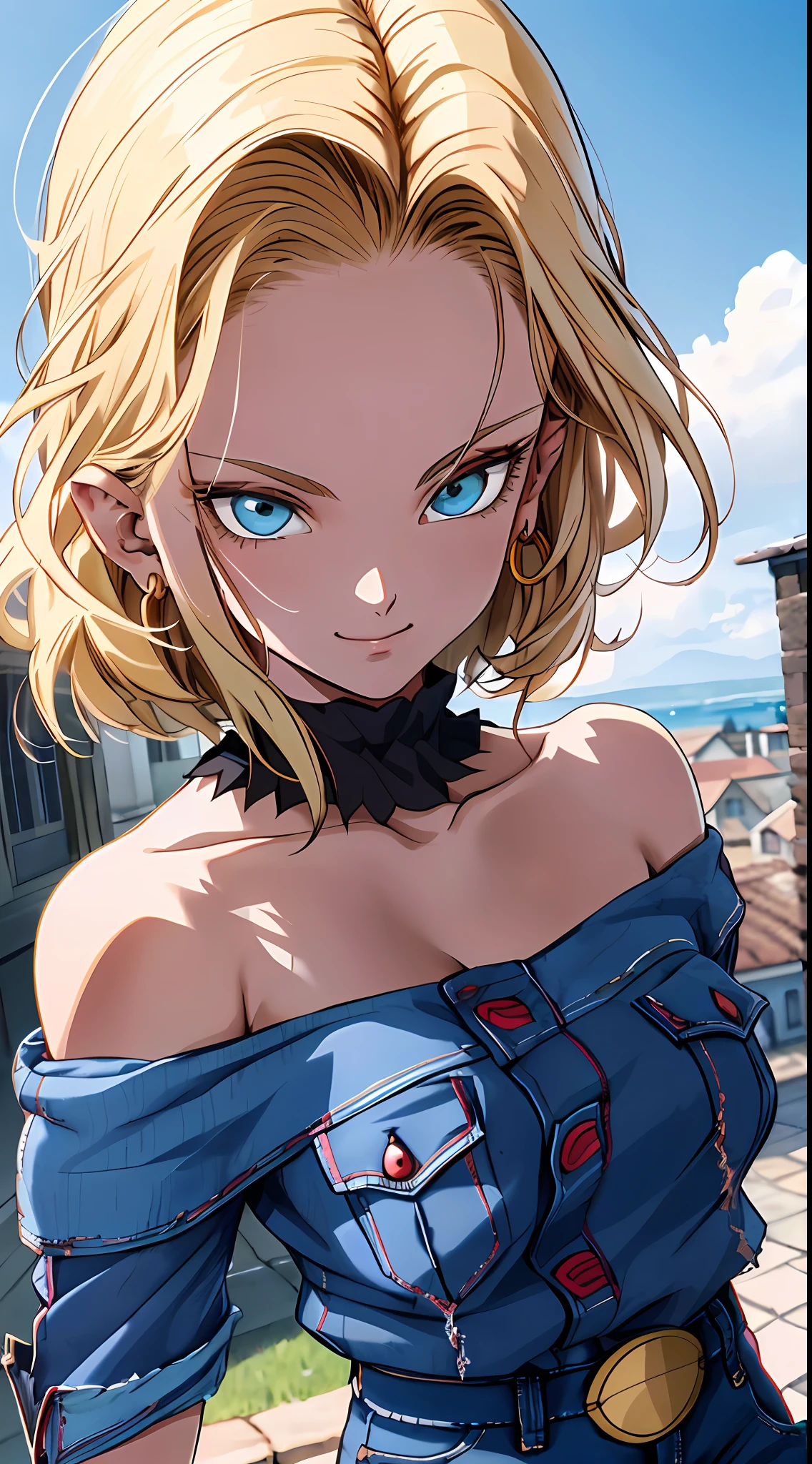 tmasterpiece， Best quality at best， ultra - detailed， absurderes， Portrait beautiful Android18DB， 独奏， 耳Nipple Ring， jewely， (Off-the-shoulder attire:1.5)，cleavage， upperbody closeup，ssmile， thongs， vests， ​​clouds， Skysky， daysies， exteriors，Denim super shorts，best qualtiy， tmasterpiece， intricately details， Tone-mapping， Sharp focus， ultra - detailed， Artstati is the trend，