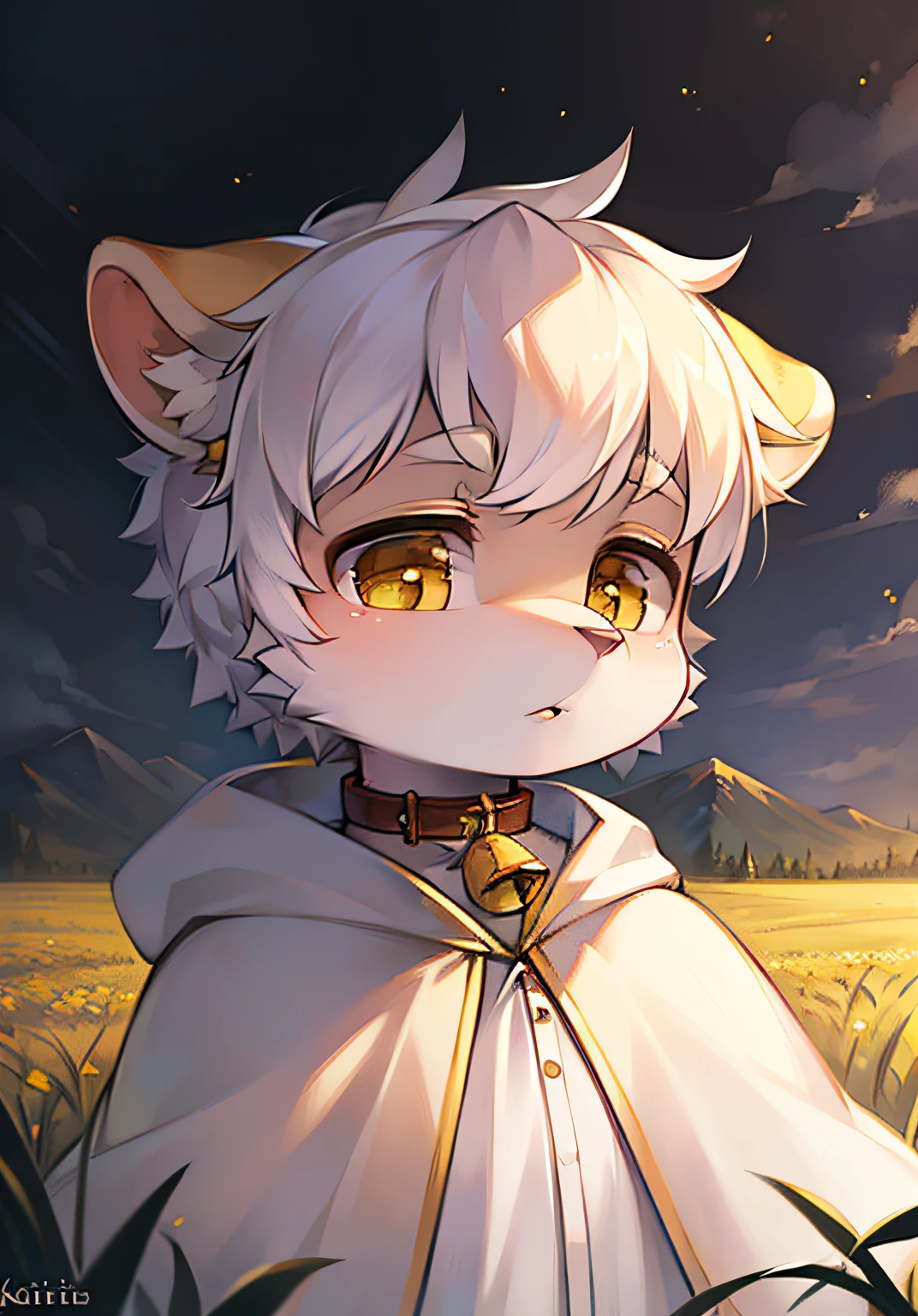 Masterpiece, high quality portrait, 3D realistic CG, 16k, dramatic lighting, intricate details, impasto, anthro, furry, white furry, (cub), only child boy, field, night, vista, a white cloak attached Yellow bell on the collar, yellow unicorn in the hair, white ears, (by kekitopu)