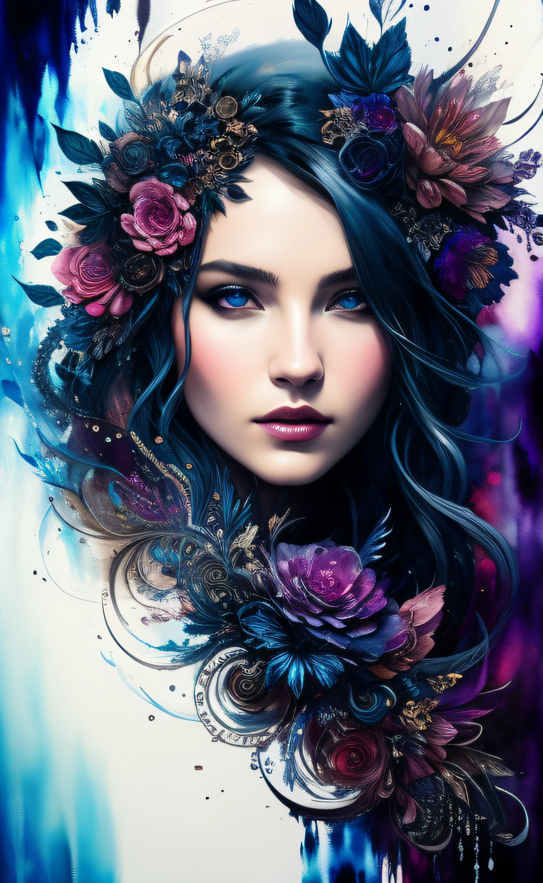 Colorful beautiful woman: Black ink flow: 8k resolution photorealistic masterpiece: by Aaron Horkey and Jeremy Mann: intricately detailed fluid gouache painting: by Jean Baptiste ue: calligraphy: acrylic: watercolor art, professional photography, natural lighting, volumetric lighting maximalist photoillustration: by marton bobzert: 8k resolution concept art intricately detailed, complex, elegant, expansive, fantastical