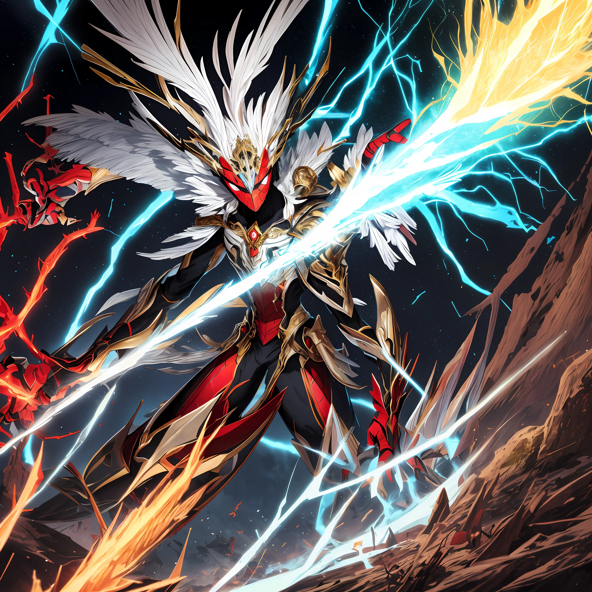 Spider, Usurper's Fulgur, white feathered head, red abdomen, teal and gold legs, lightning bolts surging from the creature, masterpiece, best quality