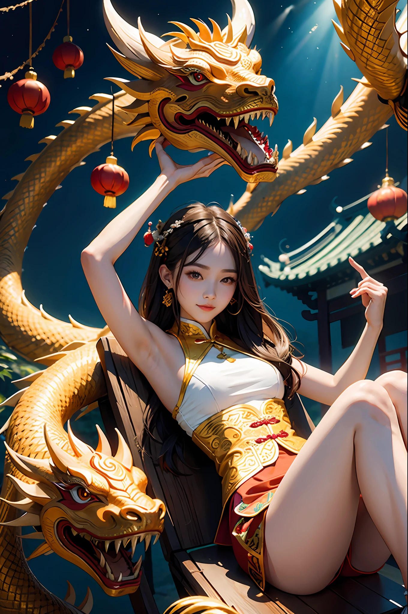 1girl, masterpiece, best quality, making friends with the Chinese dragon, fun, happy, bright, loong,