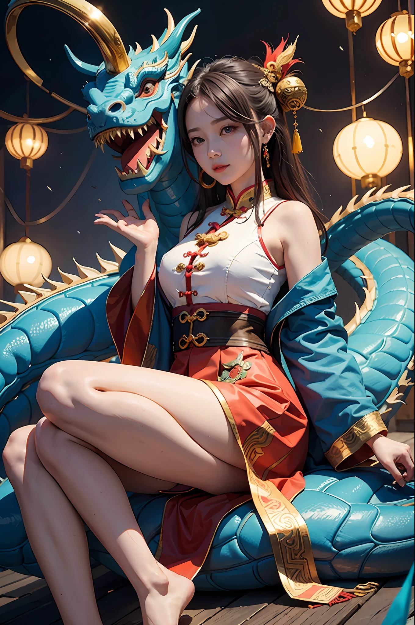 1girl, masterpiece, best quality, making friends with the Chinese dragon, fun, happy, bright, loong,