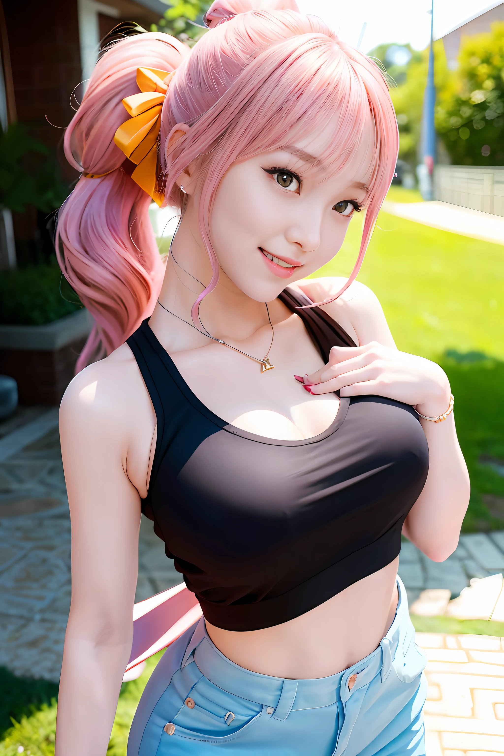 1girl, solo, look at viewer, (((smile:1.3, laugh:1.0))),(Kpop idol), (aegyo sal:1), professional lighting, photon mapping, radiosity, physically-based rendering, pureerosface_v1, pink T-shirt, {{floating hair}}, outdoors, detailed background, ((pink top, peach top)), long jeans, ((ponytail,exquisite hair tie,Delicate head ribbon)), upper body, bangs, hair accessories, city, night, high ponytail, armpits, thin, perfect skin,large breasts