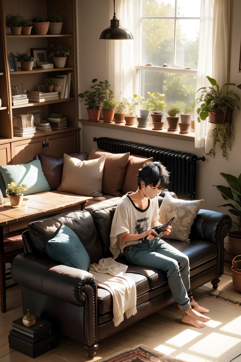 livingroom、sofas、window、drapes、Dappled sunlight、Potted plants、The table、cupboard、bookcase、paper、Table lamps、typewriter、 、1 boy、Jeans Breeze、mash、Upbang、Black hair、perfect bodies、