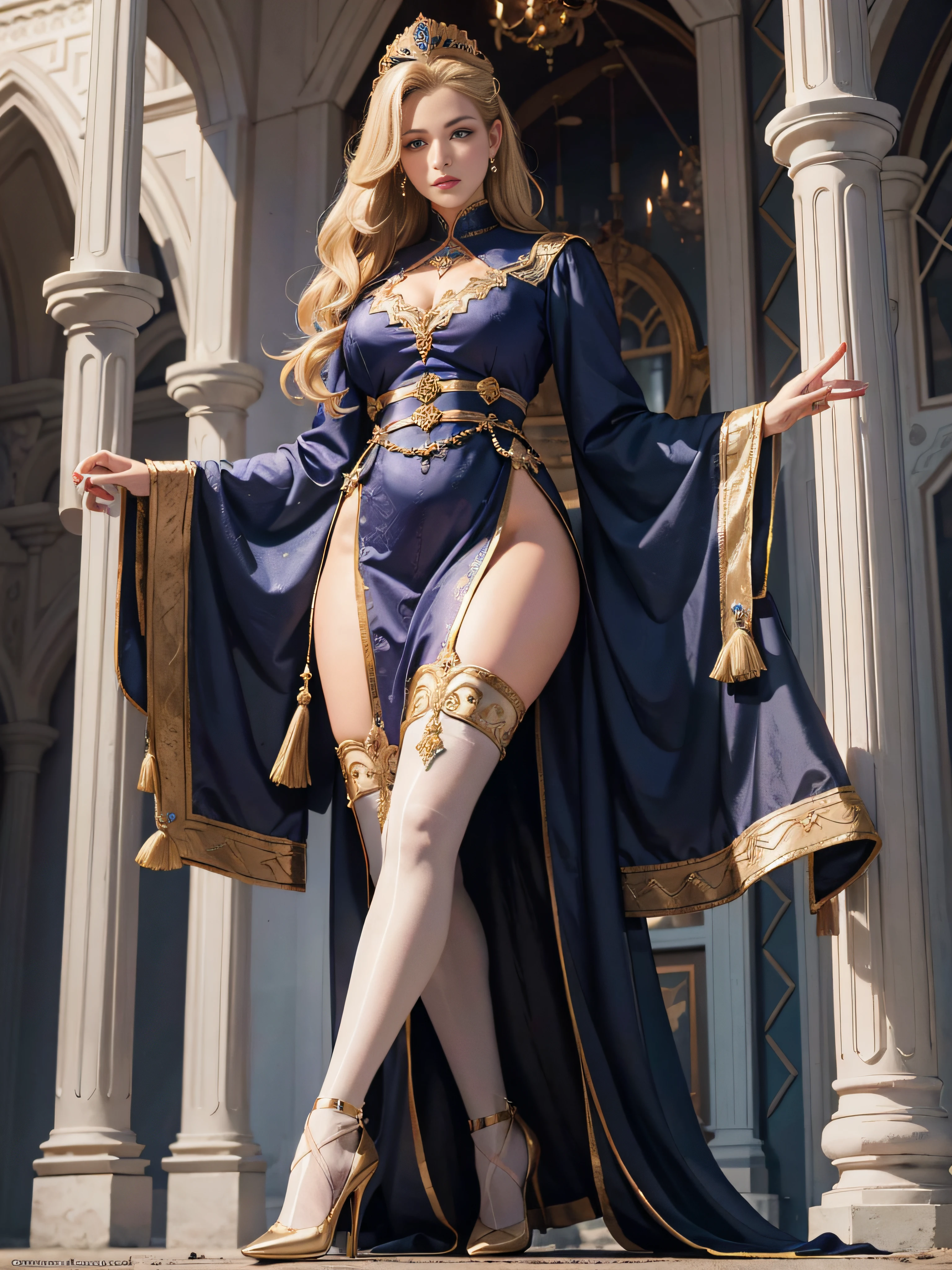 a mature female，Queen temperament，tmasterpiece，best qualityer，Hyper-detailing，Fine and detailed eyes and detailed face， garments：Wearing aristocratic uniforms，stocklings，high-heels，Expose shoes， allure：Tall and tall，The blonde，Tall，haughty、Cold，Wide buttock（big assa：1.4），（Thick thighs：1.4），Scenes：Inside the palace of the nobility，immensity，Overlooking，disrupt，People scattered and fled