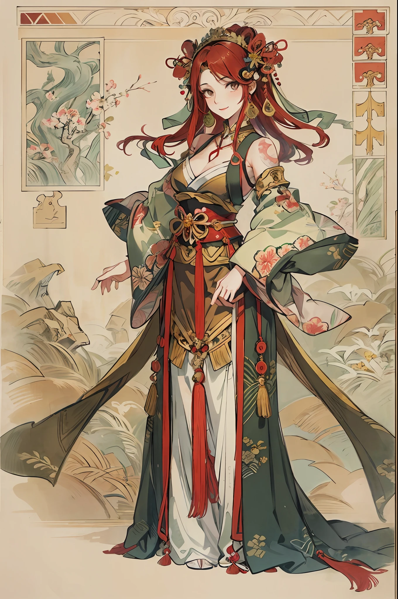 a beautiful woman with long deep red hair neatly arranged, possesses a noble and elegant face, her sharp gaze and fearless smile exude confidence, has features that reflect a mix of Central Asian and European heritage, wears a fitted fantasy-style dress that combines elements from both Eastern and Western styles, the attire is made of top-quality materials, designed for ease of movement while retaining a touch of simplicity, she stands confidently with her hands on her hips, set against the backdrop of a majestic ancient city combining Chinese and Japanese fantasy styles, creating a lively atmosphere of fantastical adventure, the character design depicts a fantasy-style noblewoman with a Japanese anime design, the artwork features finely detailed character design, showcasing a mature Japanese manga artistic style, ((character concept art)), full body character drawing, high definition, best quality, ultra-detailed, extremely delicate, anatomically correct, symmetrical face, extremely detailed eyes and face, high quality eyes, creativity, RAW photo, UHD, 8k, (Natural light, professional lighting:1.2, cinematic lighting:1.5), (masterpiece:1.5)