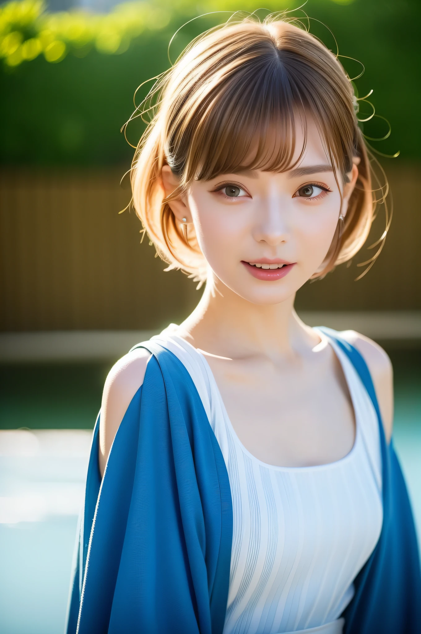 a photo of girl、shorth hair、blonde hair、Wearing a kimono、Hot spring in the background、Natural hot springs of the highest quality、realisitic、Photorealsitic、(intricate detailes:1.2)、(delicate detail)、(ciinematic light、best quality backlight)、Clear Line、foco nítido、Lifelike face、Detailed faces Unity 8K wallpapers、超A high resolution、(Photorealsitic:1.4)、looking at the viewers、wetted skin、yawning