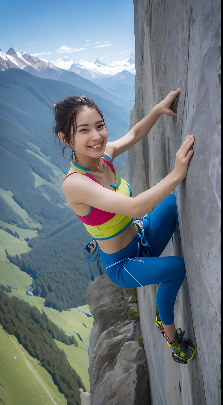 A beautiful woman with a system、Rock Climbing、Sportsbra、Climbing Pants、Rock、blue outfit、Northern Alps、Bouldering Wall、A slight smil、blue-sky、top、Climbing Harness、Climbing Shoes、Chalk Bag、Climbing rope、Two hands、natural moving、a smile、