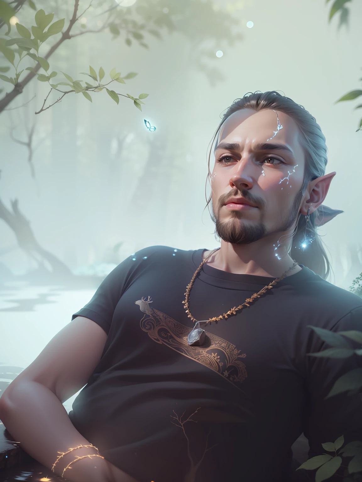 Masterpiece, best quality, (very detailed CG unified 8k wallpaper), (best quality), (best illustration), (best shadow), glowing elf with a glowing deer, drinking water in the pool, natural elements in forest theme. Mysterious forest, beautiful forest, nature, surrounded by flowers, delicate leaves and branches surrounded by fireflies (natural elements), (jungle theme), (leaves), (branches), (fireflies), (particle effects) and other 3D, Octane rendering, ray tracing, super detailed , deer --v6
