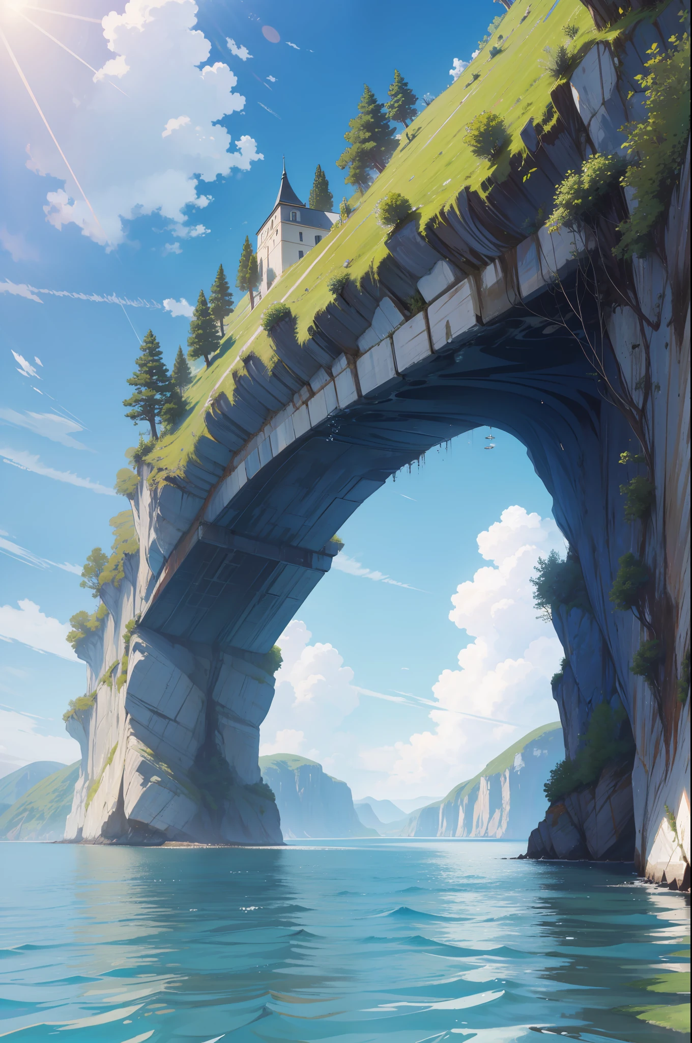 no humans, scenery, vanishing point, from below, masterpiece, best quality, 8k, absurdres, water surface, summer, noon, sunlight, blue sky, perspective, depth of field, highres, finely detail, ultra-detailed, sharp focus