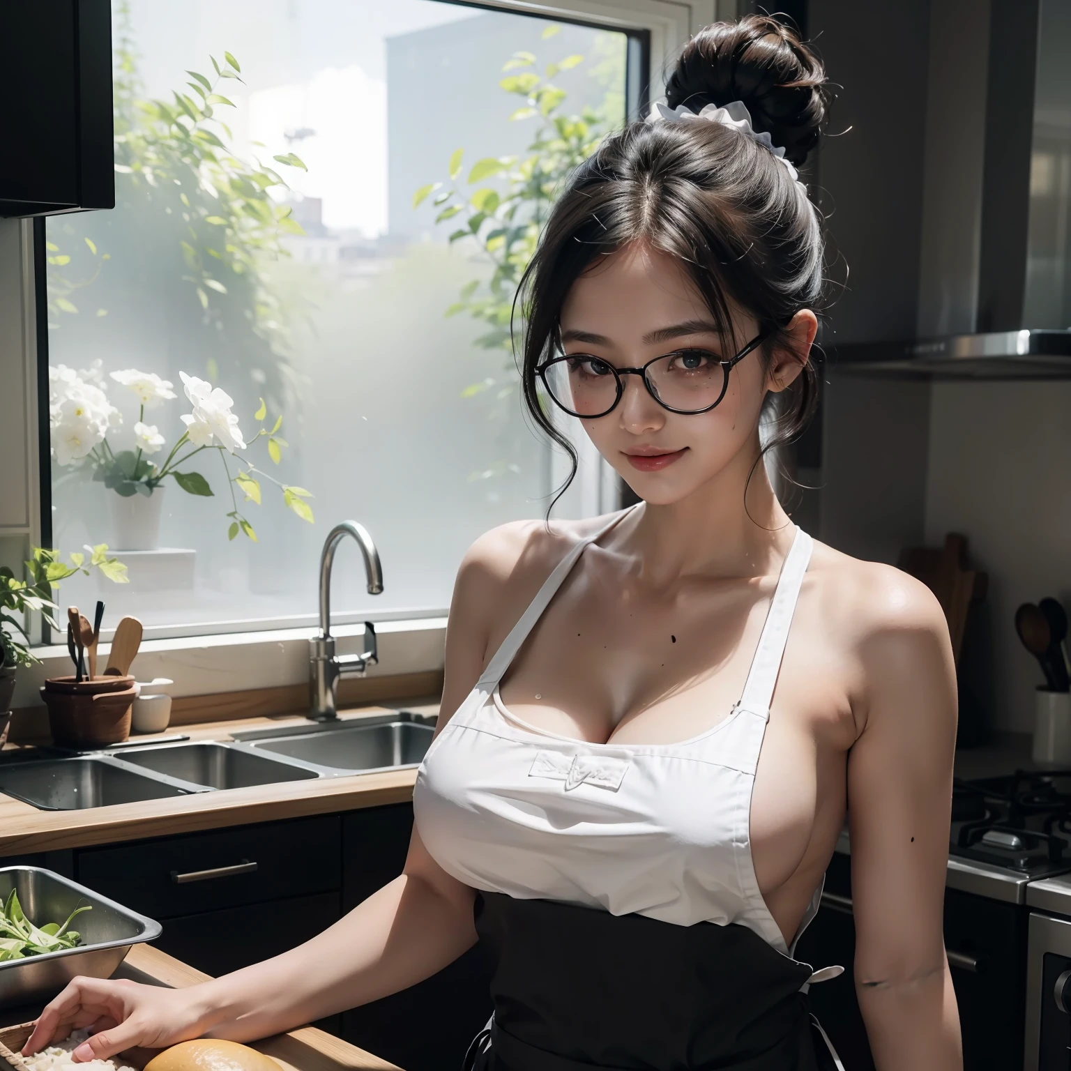 a woman cooking some meal, thin frame glasses, in the kitchen, wearing naked-apron,(naked-apron,black-white apron,modern apron),(bun hair,curly,black hair),medium shot,smile,happy face,big round-breasted,(covered-),slender figure, sweating shiny skin,(moles,pore),realistic,photorealistic:1.37, Masterpiece, best quality,CG,ultra detailed skin,high detailed face,high detailed eyes,beautiful and delicate,detailed clothes,high-res photography,profesional light,cinematic lighting