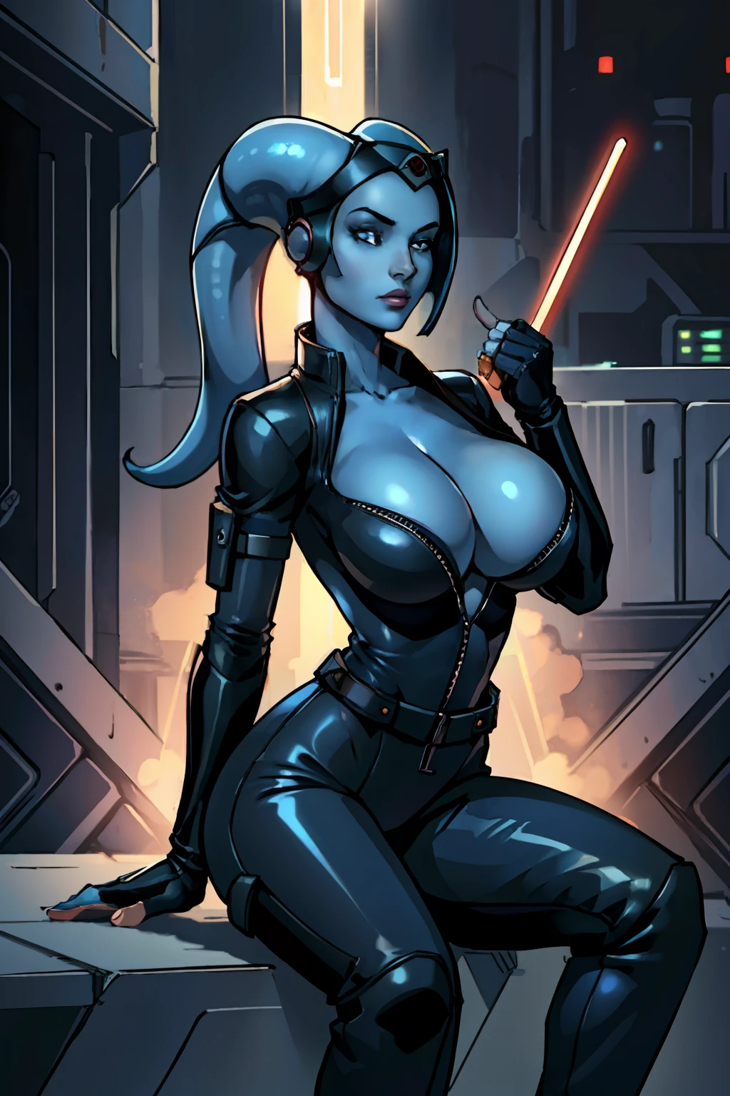 (masterpiece:1.2, best quality:1.2, beautiful, high quality, highres:1.1, aesthetic), detailed, extremely detailed, ambient soft lighting, 4K, perfect eyes, perfect face, perfect lighting, 1girl, (((blue skin)), twi'lek), (wearing black leather jumpsuit, flight suit, unzipped, utility belt, fingerless gloves, rolled sleeves, long boots, ((busty), slender body, thin, slim sexy body, slim waist, (((huge breasts), big cleavage))), Imperial starship, Star Wars,