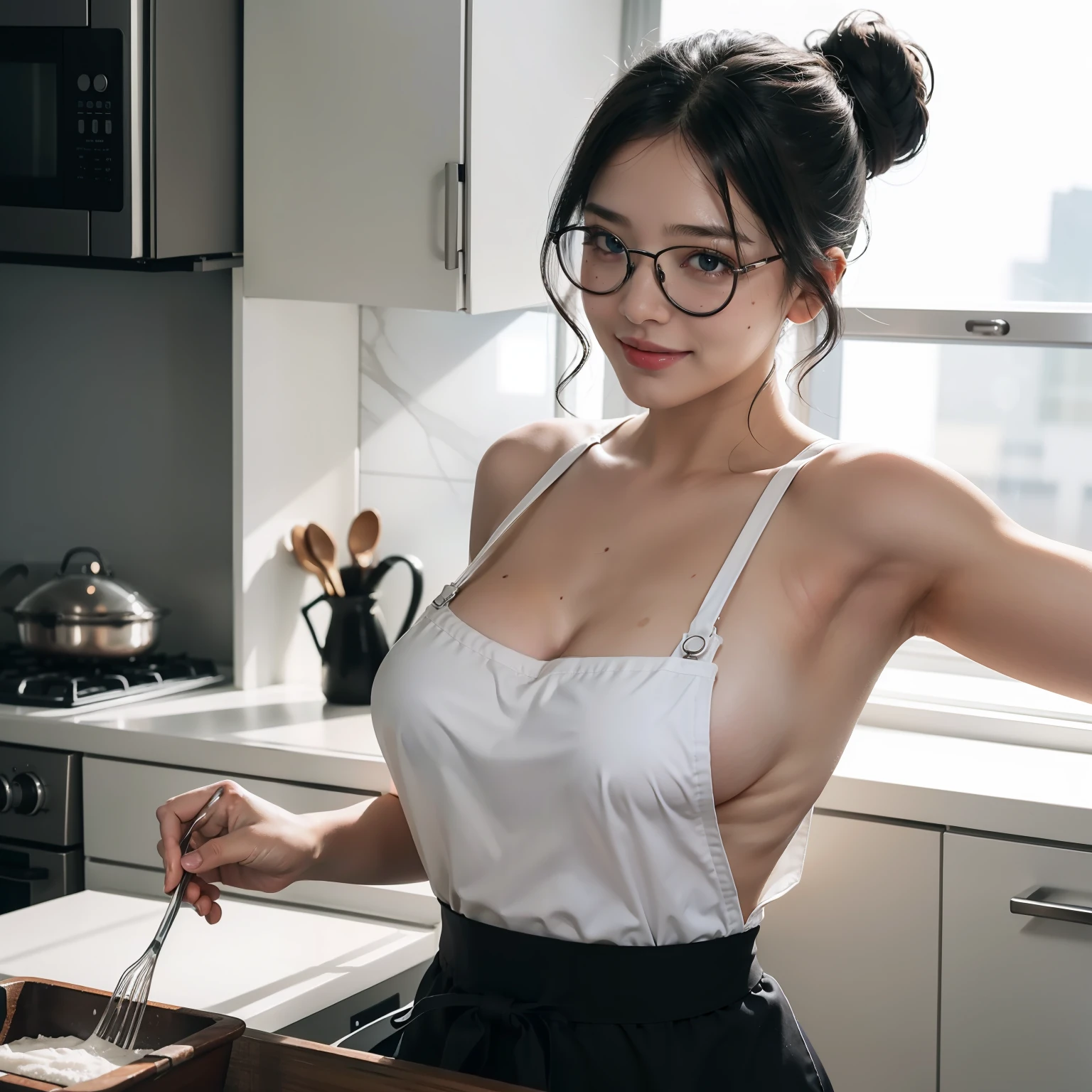 a woman cooking some meal, thin frame glasses, in the kitchen, wearing naked-apron,(naked-apron,black-white apron,modern apron),(bun hair,curly,black hair),medium shot,smile,happy face,big round-breasted,(covered-),slender figure, sweating shiny skin,(moles,pore),realistic,photorealistic:1.37, Masterpiece, best quality,CG,ultra detailed skin,high detailed face,high detailed eyes,beautiful and delicate,detailed clothes,high-res photography,profesional light,cinematic lighting